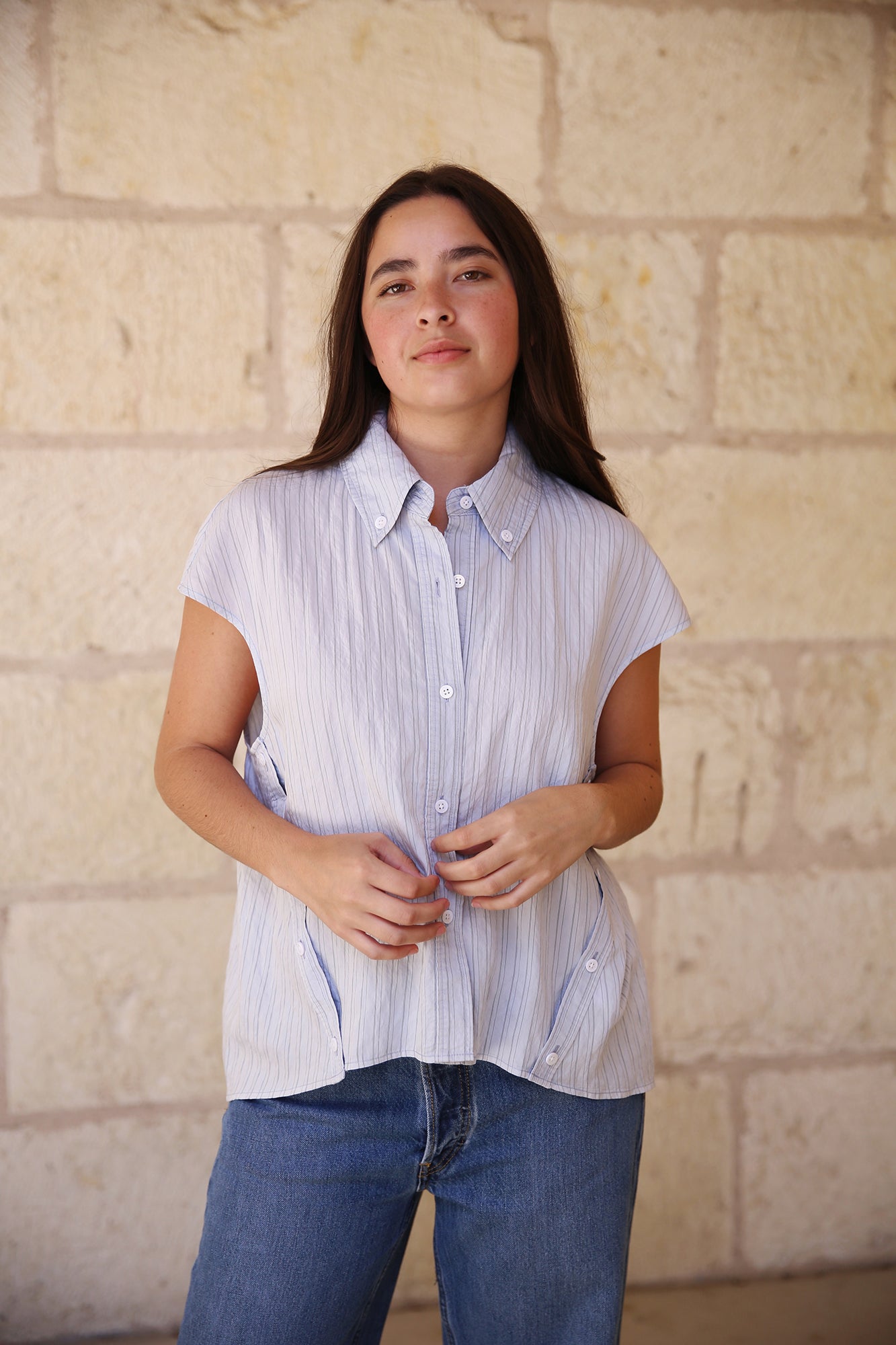 Perth Cap Sleeve Button Pinstripe Blouse Blue