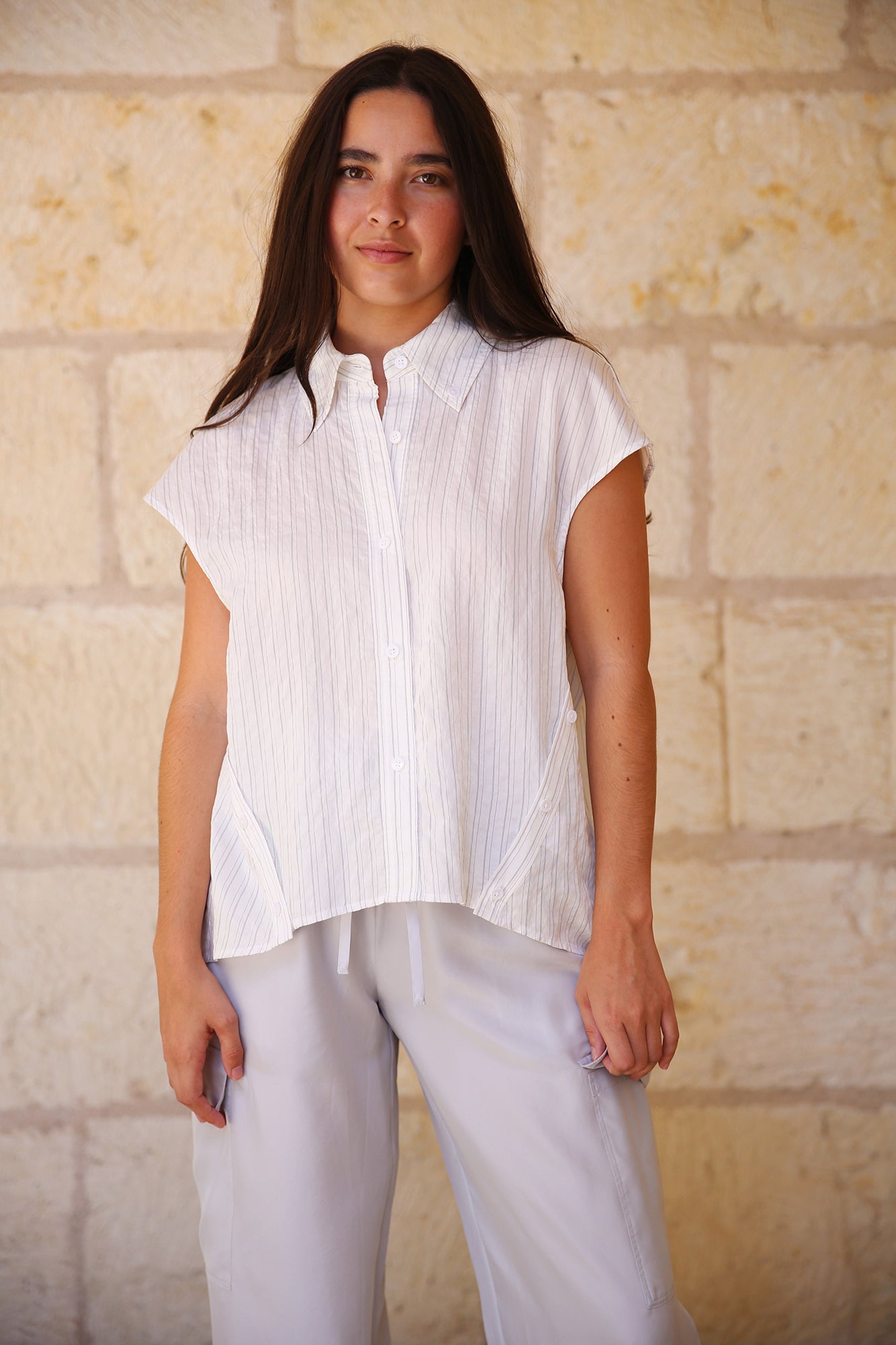 Perth Cap Sleeve Button Pinstripe Blouse White