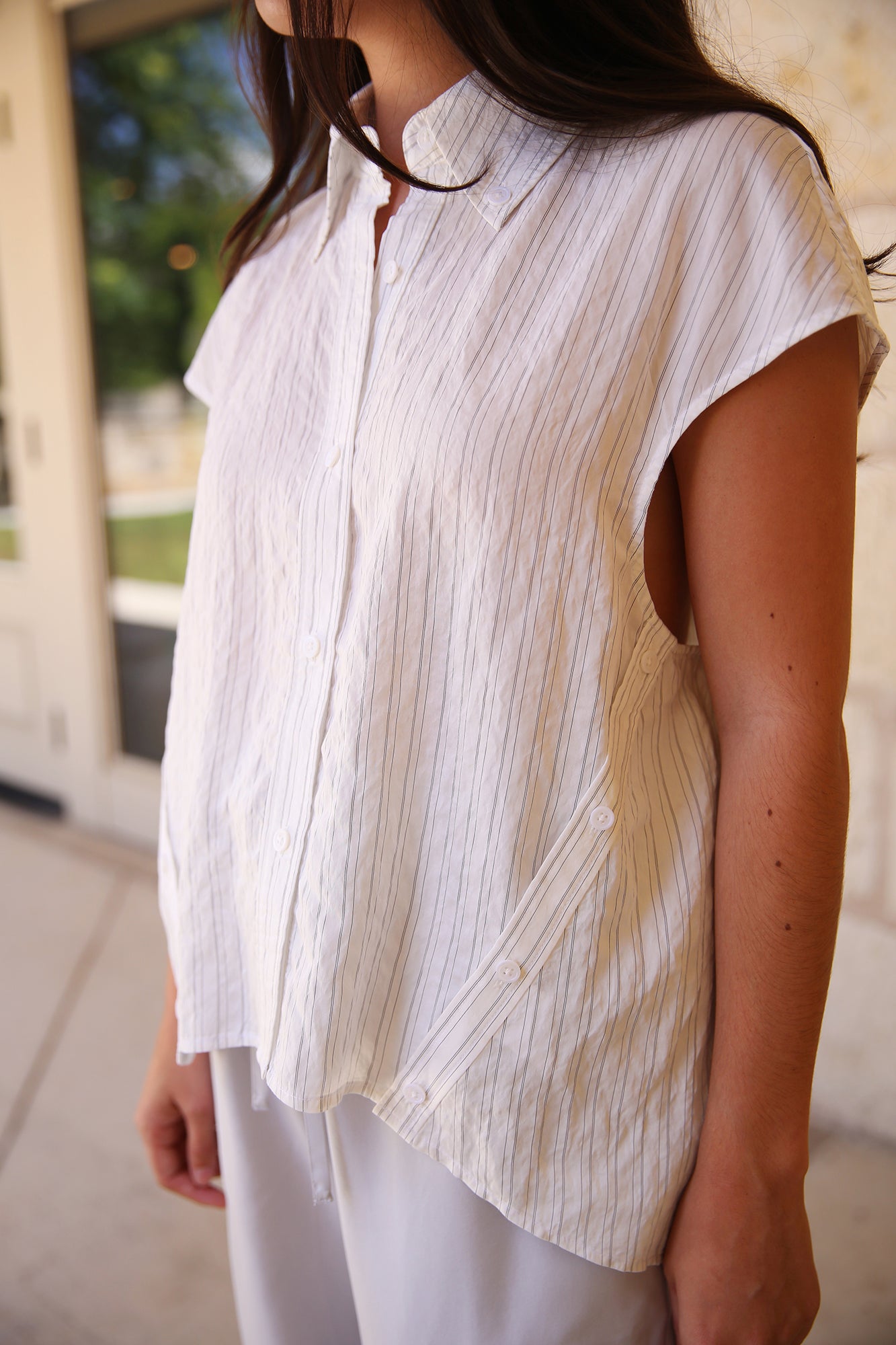 Perth Cap Sleeve Button Pinstripe Blouse White