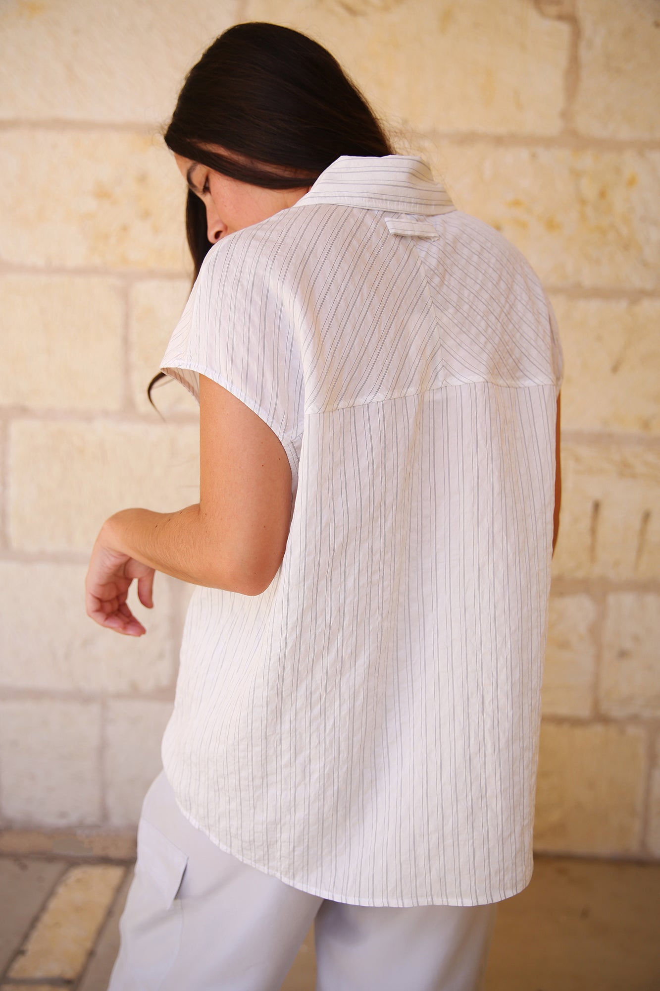 Perth Cap Sleeve Button Pinstripe Blouse White