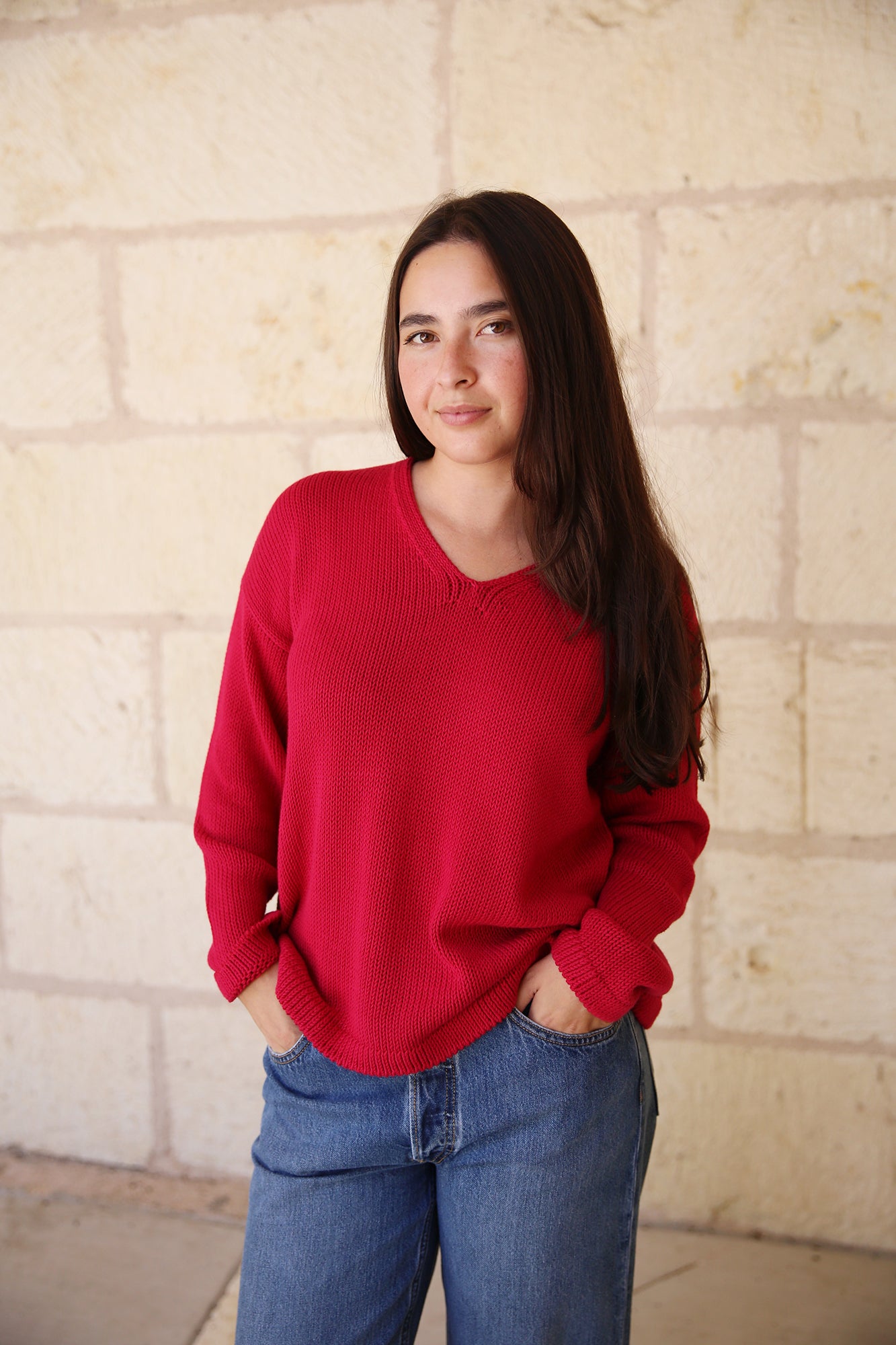 Peruvian Organic Cotton Cord Jersey V-Neck Pullover Top Azalea