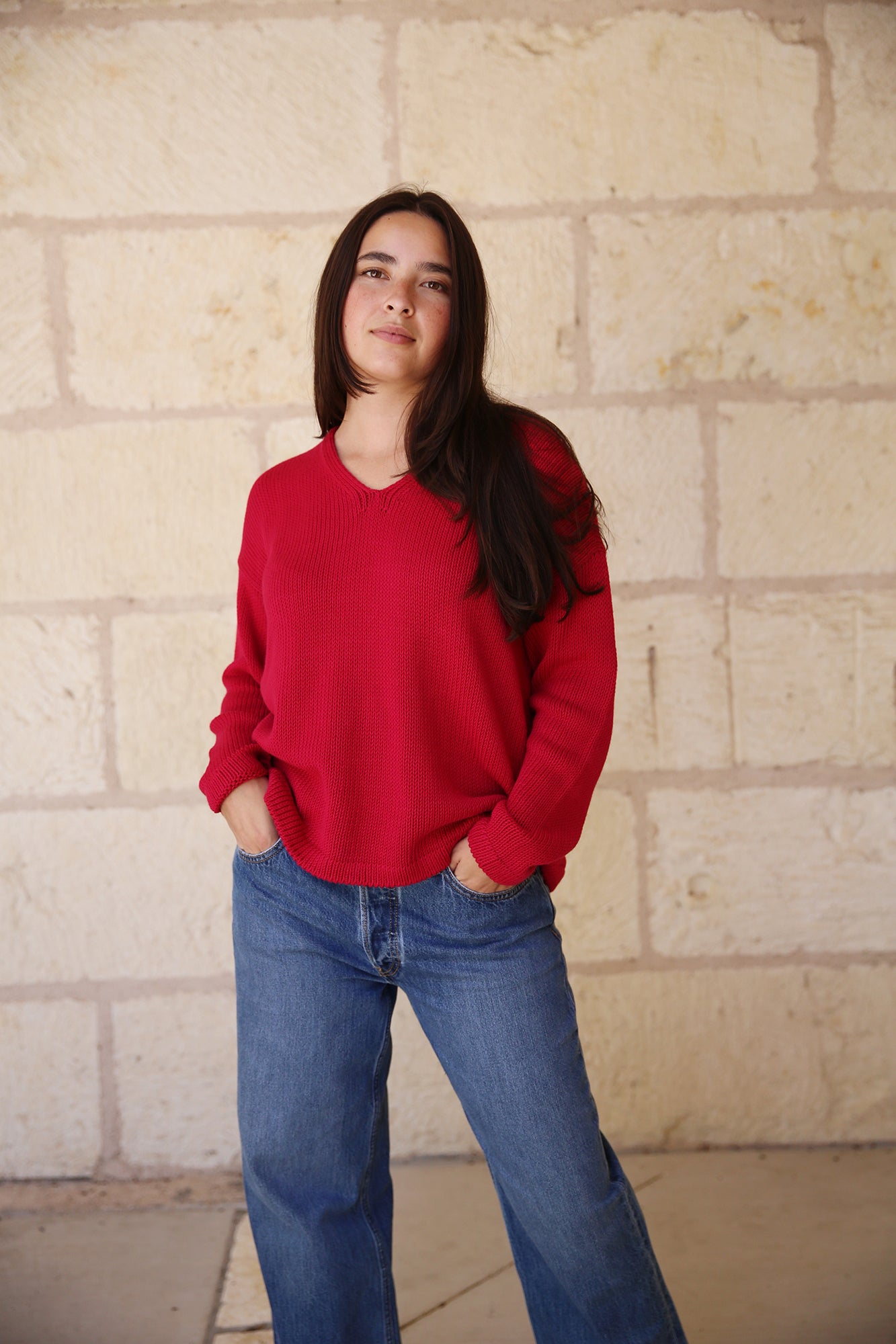 Peruvian Organic Cotton Cord Jersey V-Neck Pullover Top Azalea