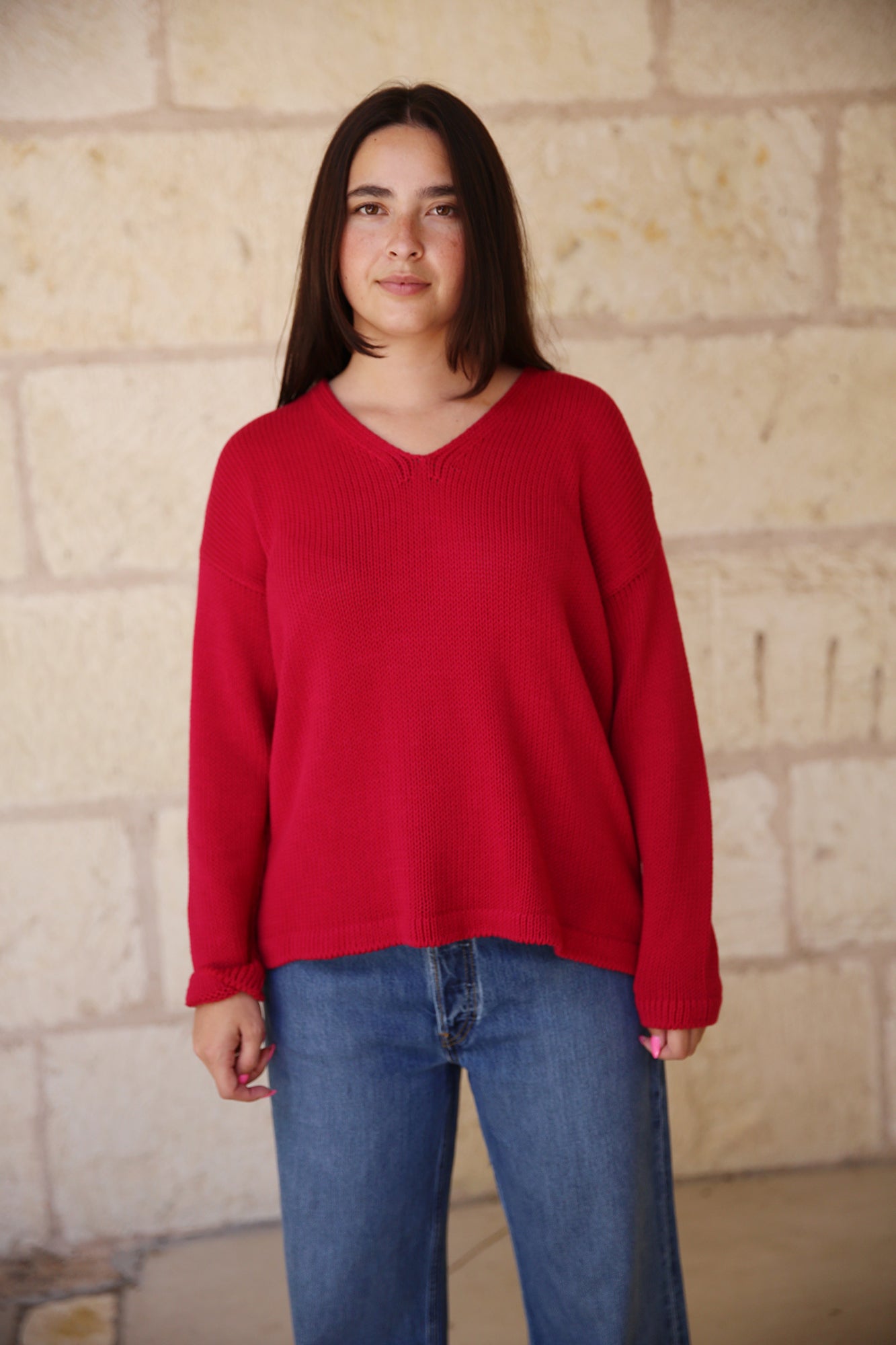 Peruvian Organic Cotton Cord Jersey V-Neck Pullover Top Azalea