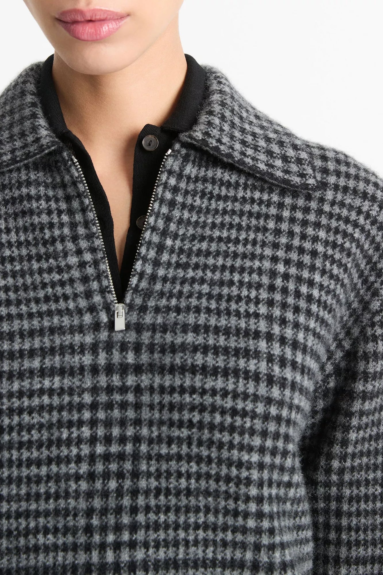 Plaid Wool-Cashmere Half-Zip Pullover Heather Smoke/Black Combo