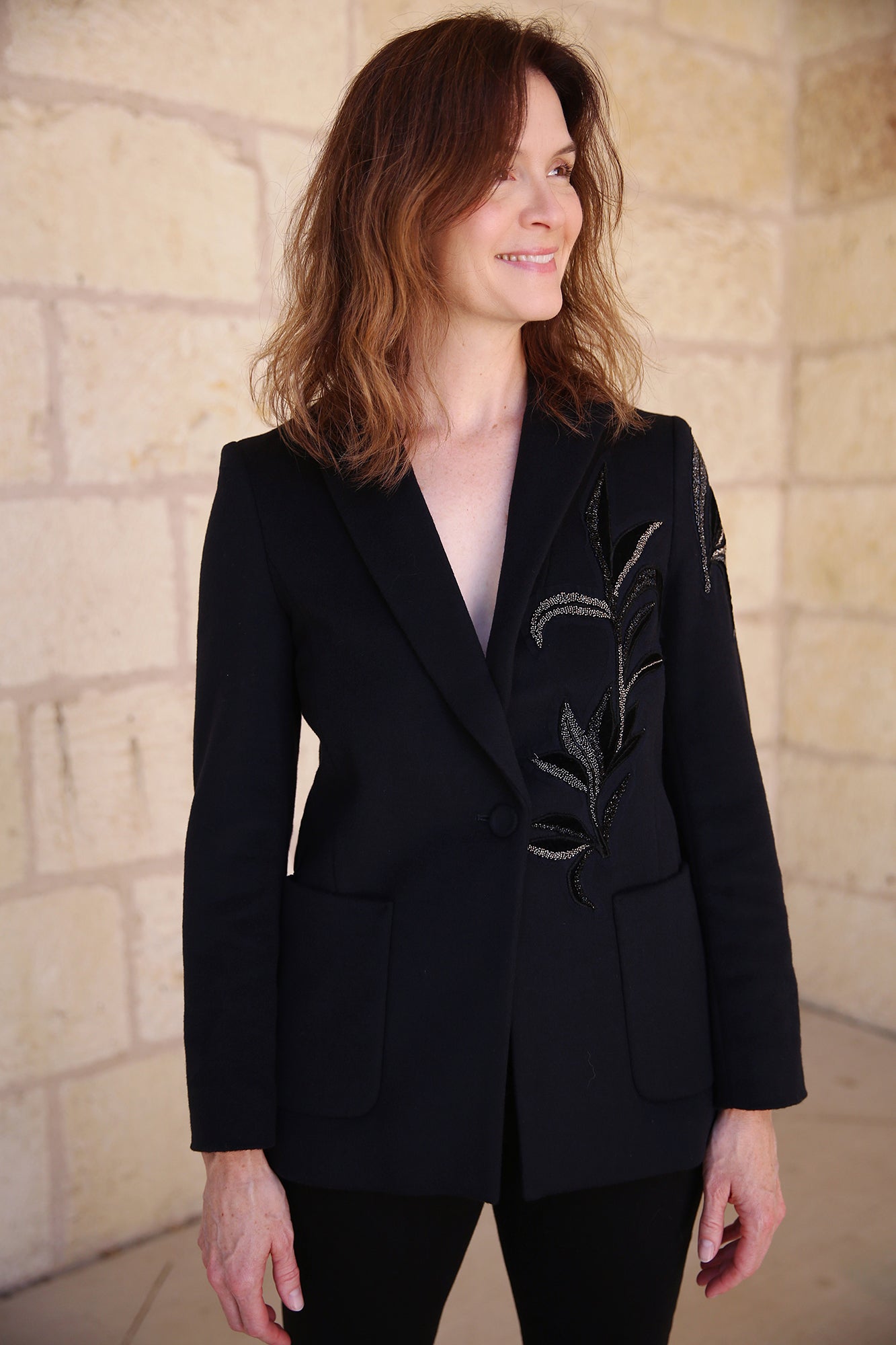 Poetry Motion Blazer With Floral Glitter Appliqué Midnight Blue