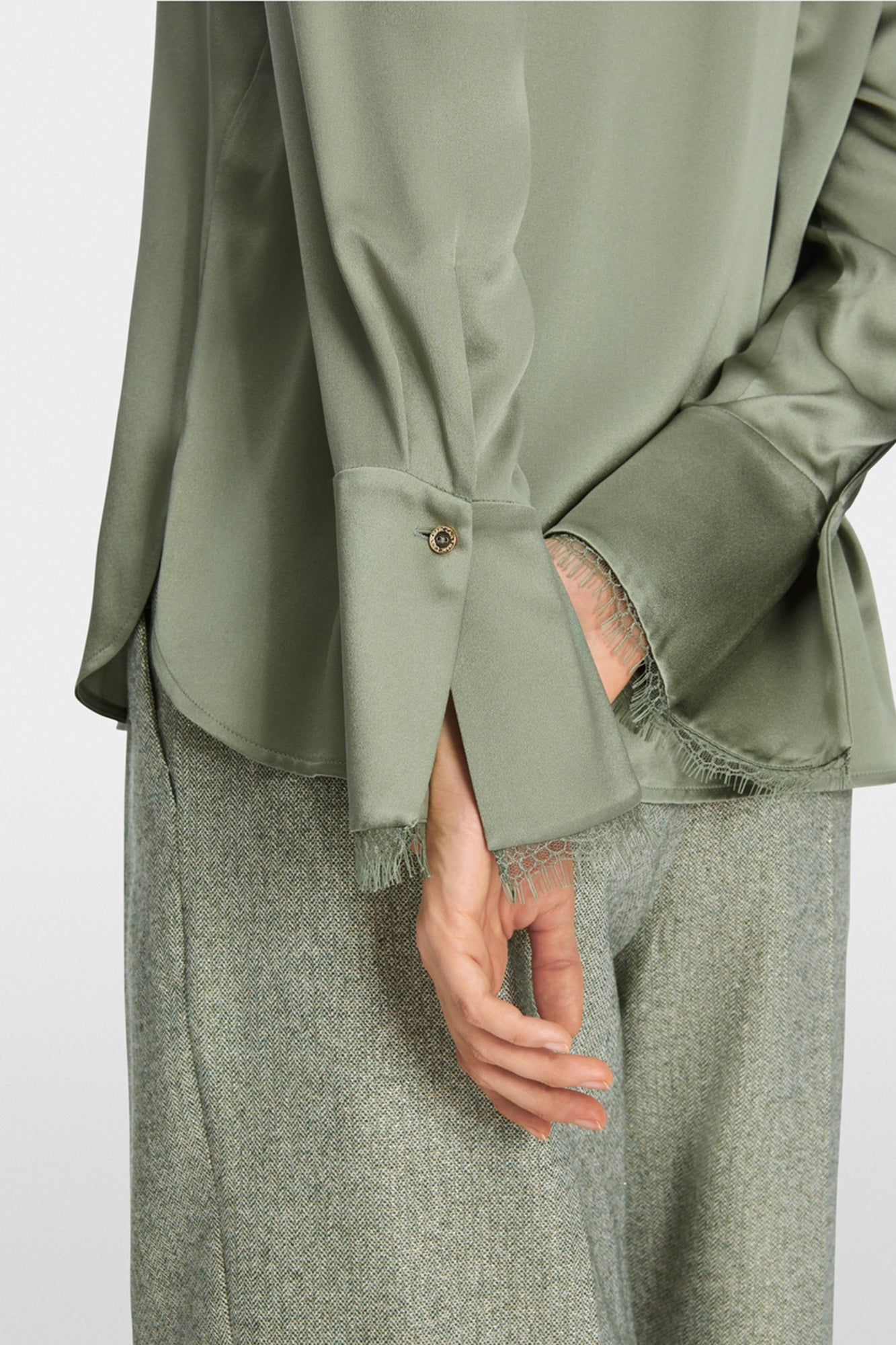 Poetry Motion Fine Silk Blouse With Chain Button Frozen Sage