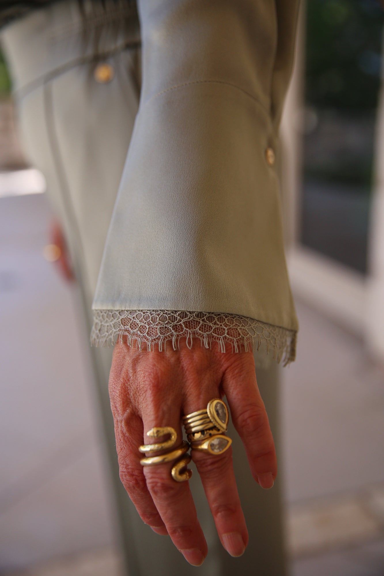 Poetry Motion Fine Silk Blouse With Chain Button Frozen Sage