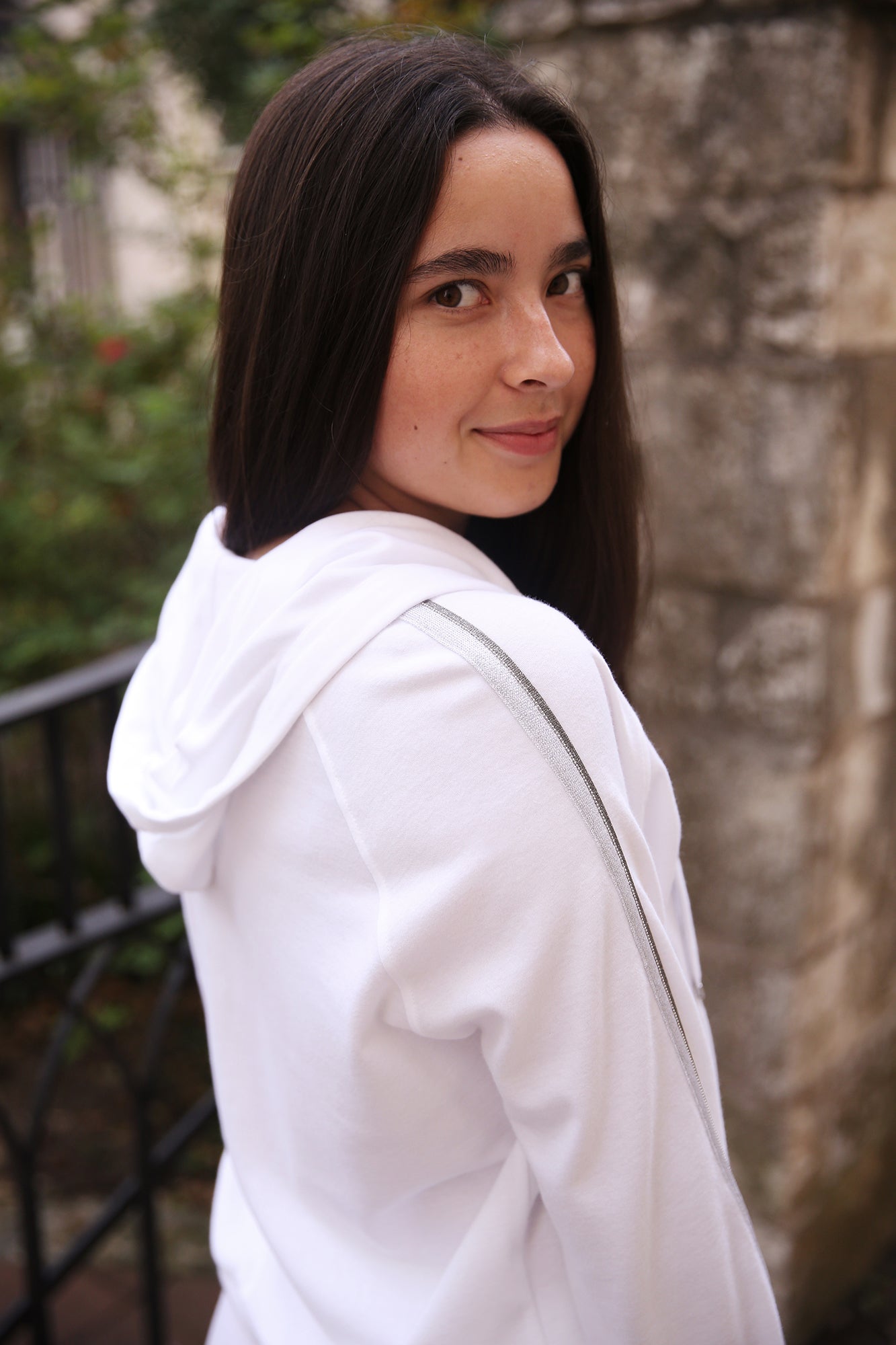 White With Grey And Silver Side Stripe Hooded Zip Sweatshirt