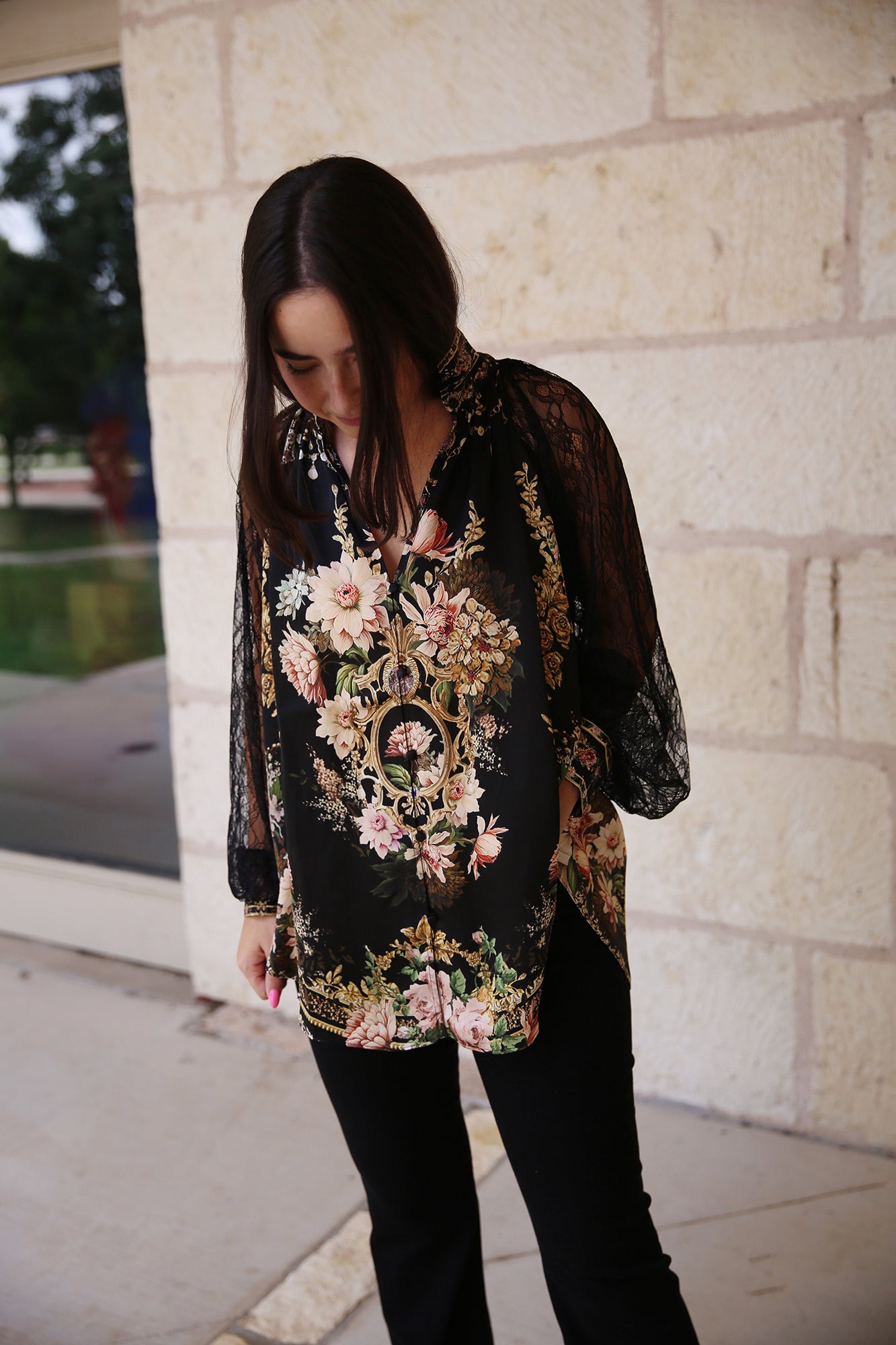 Raglan Button Up Shirt With Lace At Sleeve Dynasty Daze