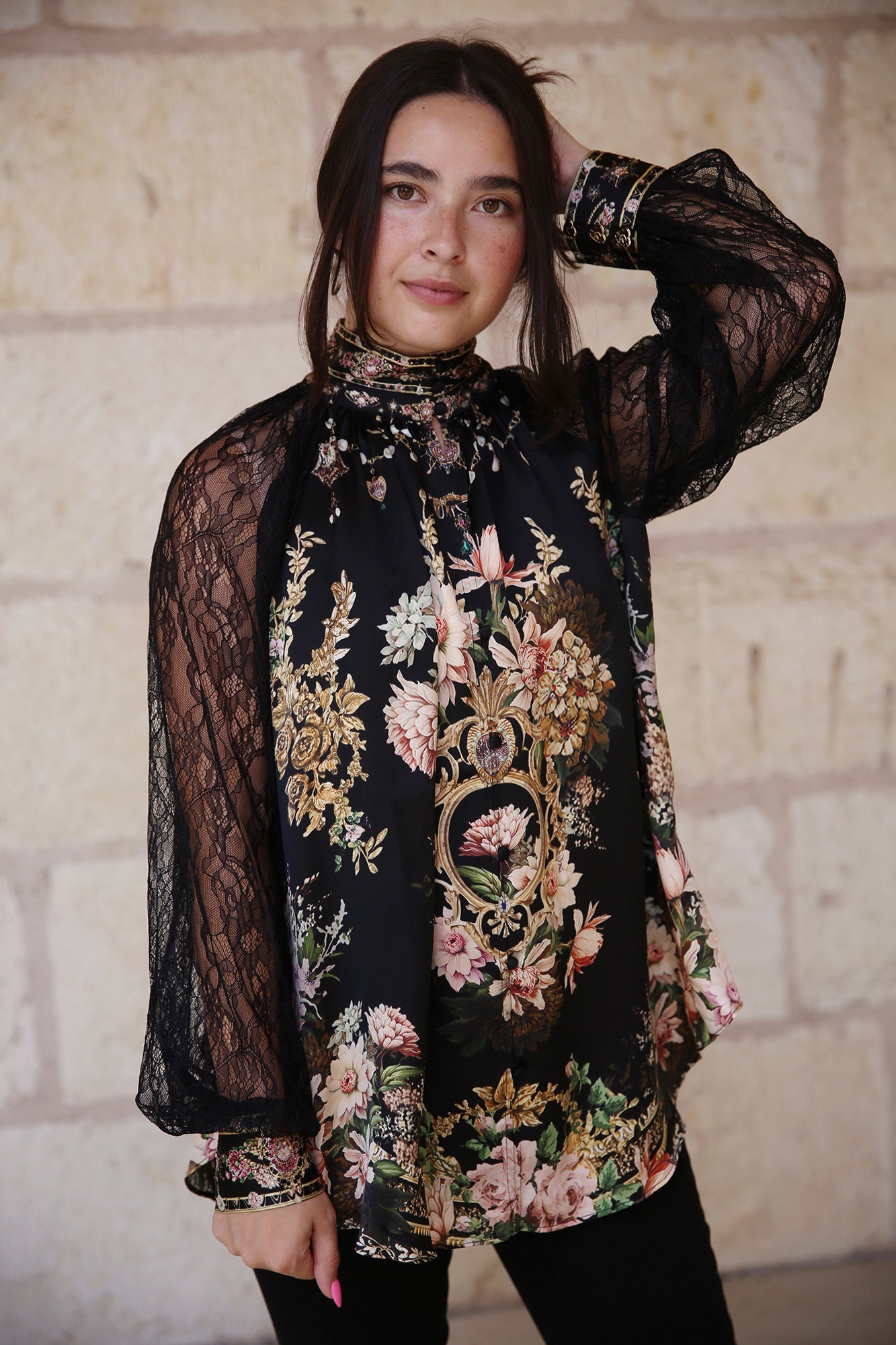 Raglan Button Up Shirt With Lace At Sleeve Dynasty Daze