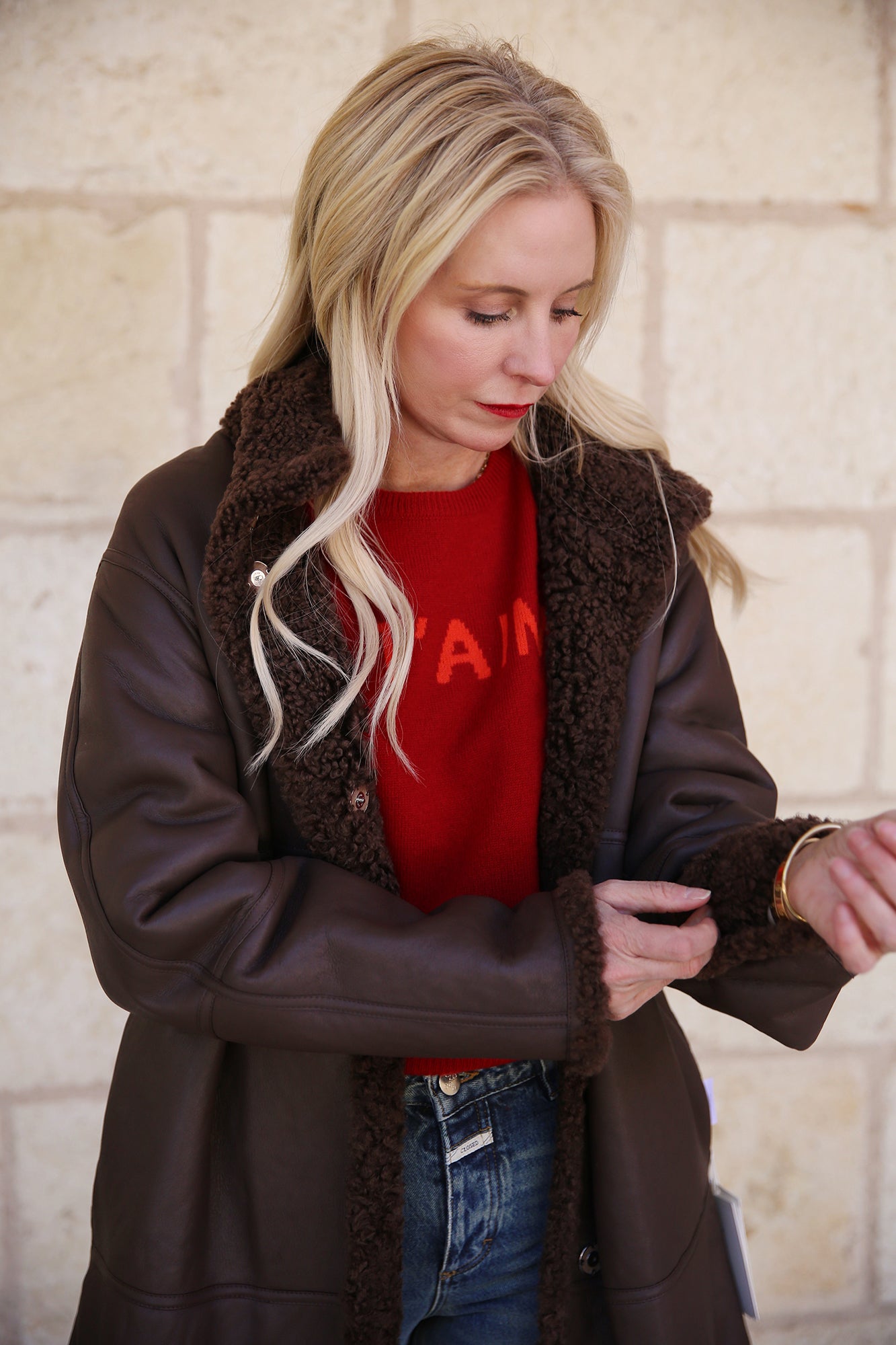 Shearling Reversible Funnel Collar Coat Wood