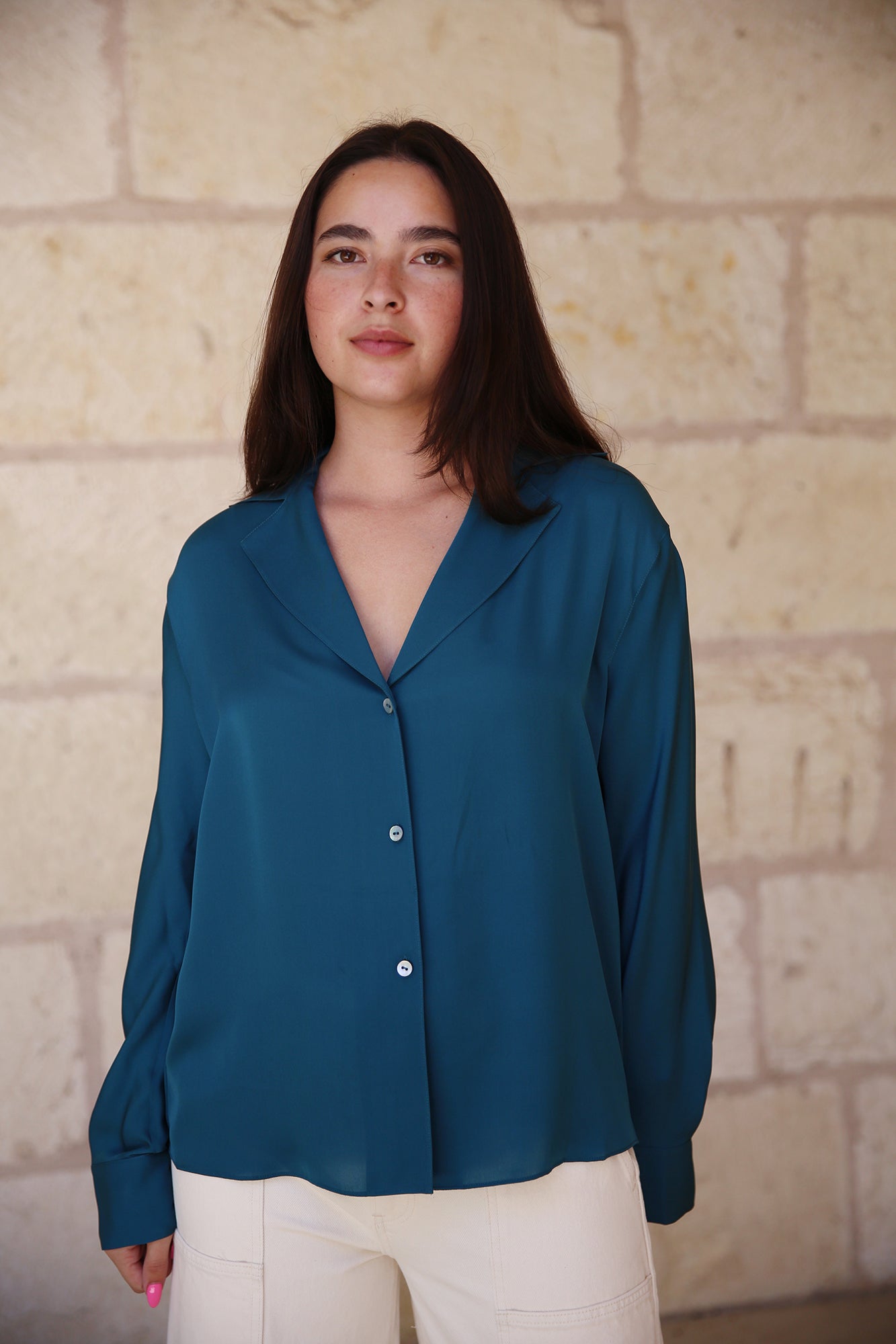 Silk Lapel Collar dolman Sleeve Blouse Blue Waltz