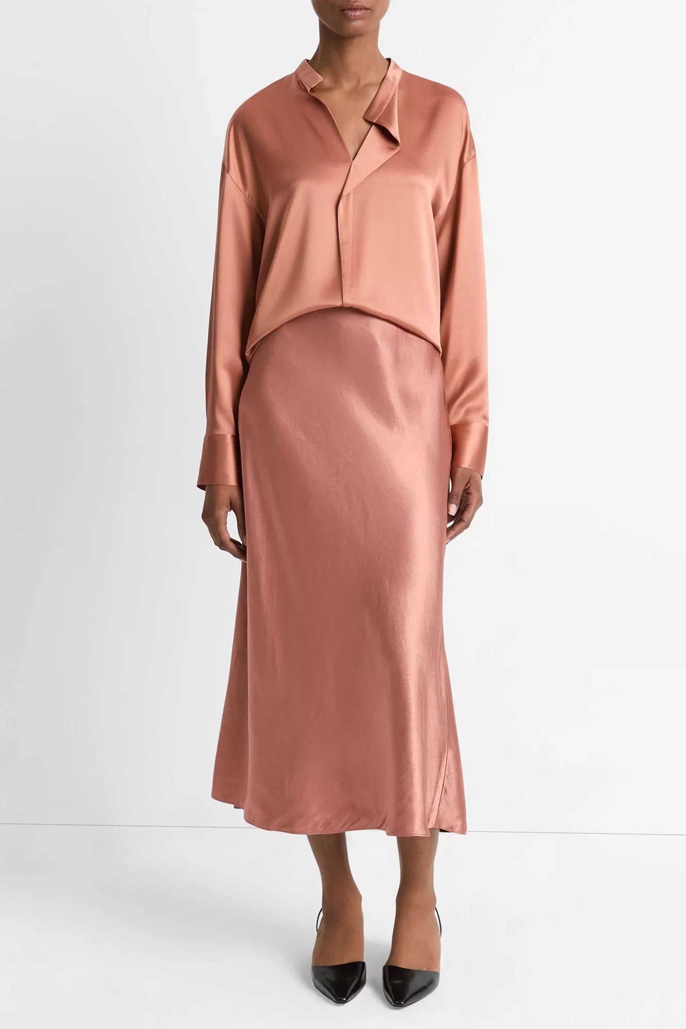 Silk Draped Stand-Collar Blouse Petal Amber