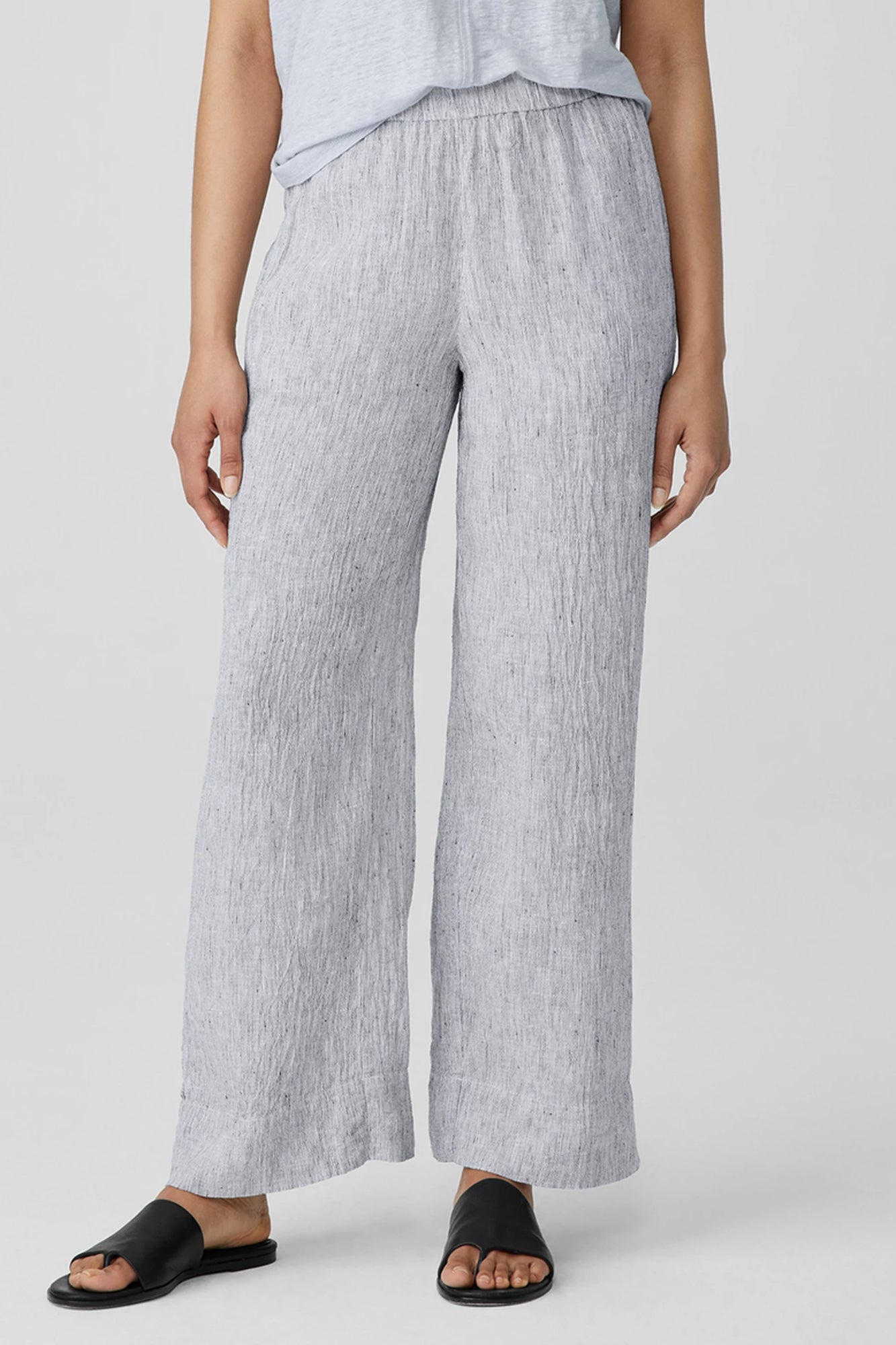 Striped Organic linen Crinkle Wide-Leg Pant White/Black