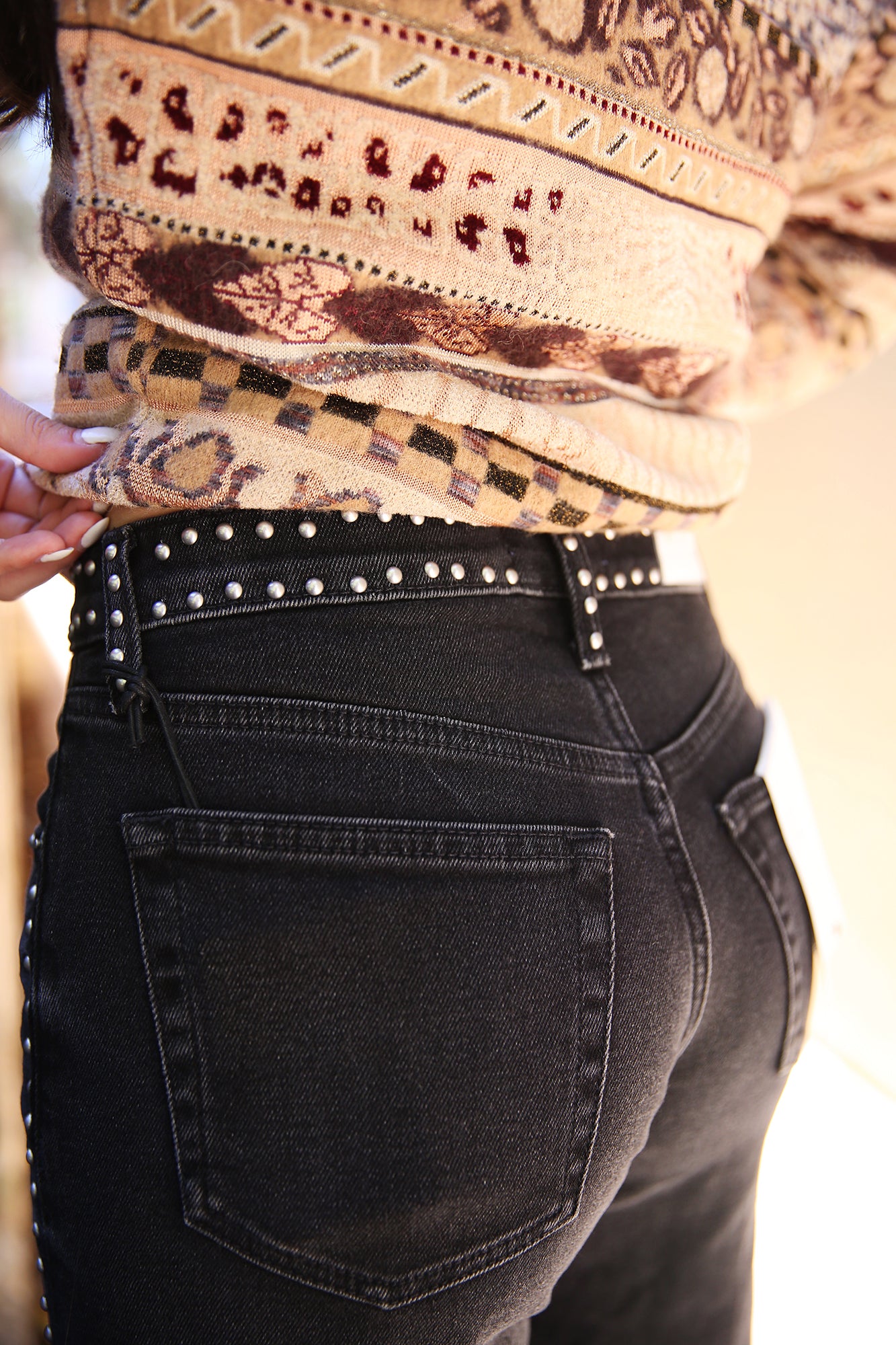 Studded Mid-Rise Wide Leg  Denim Crafted Black Stud