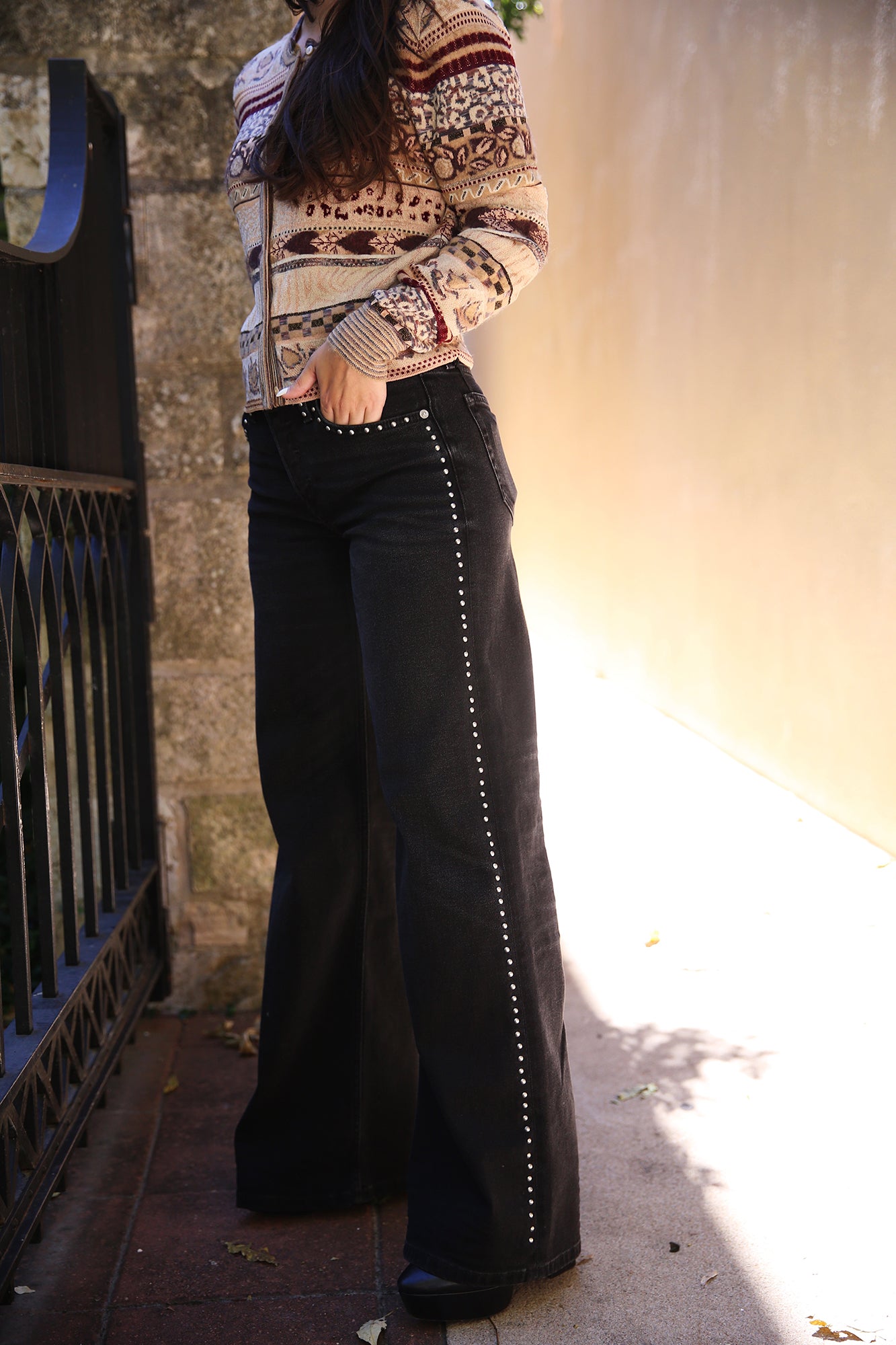 Studded Mid-Rise Wide Leg  Denim Crafted Black Stud