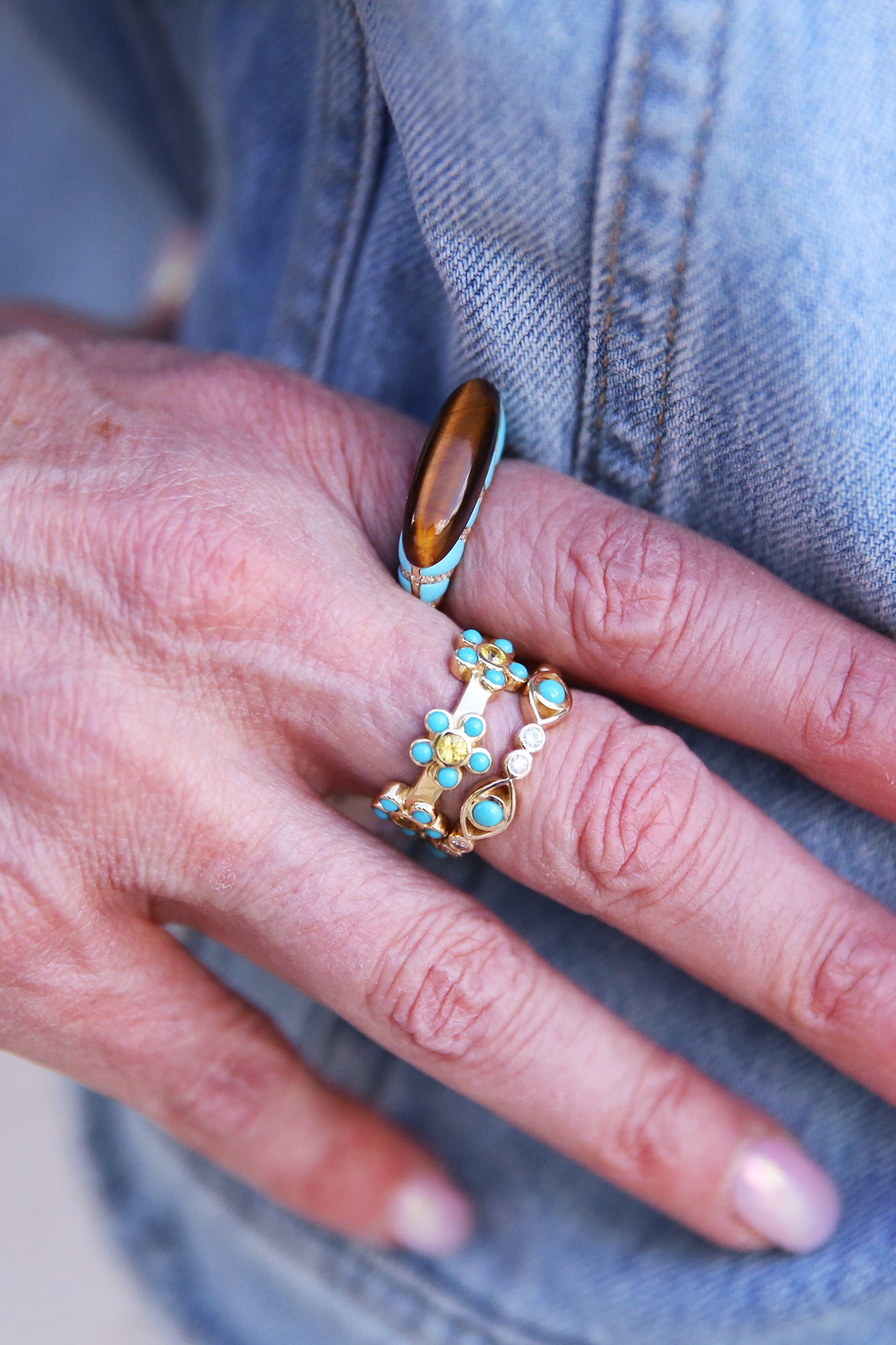 In Pieces Stack Tiger Eye/Turquoise Ring