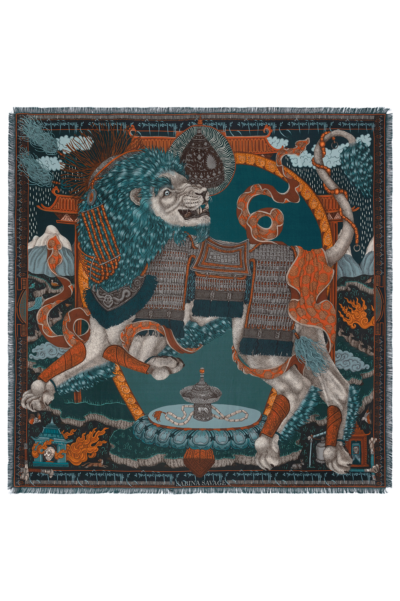 This Silk Twill scarf, The Snow Lion from Sabina Savage measures 135cm x 135cm, making it perfect for a range of occasions. Each scarf is hand-fringed with edging.