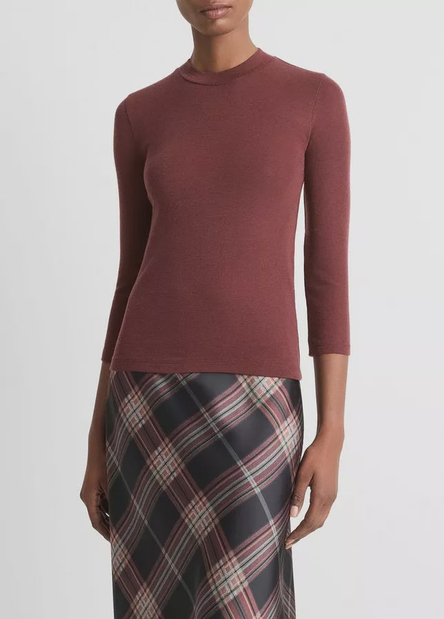 Wool Three-Quarter-Sleeve Mock-Neck Top Dark Rosewood