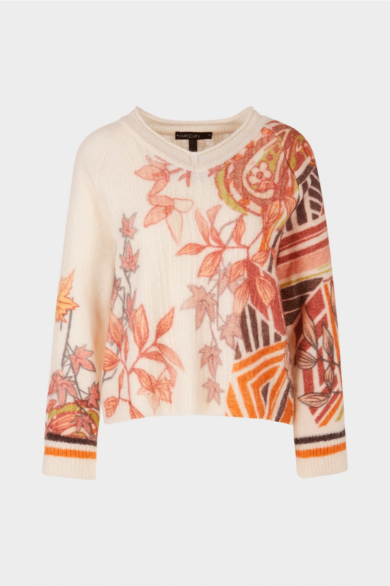 Experience the luxurious comfort and style of this Printed Sweater. Crafted with a 3-D knitting process from German-sourced materials, this sweater features a deep V-neck and wide raglan sleeves with a placed leaf design. Enjoy exceptional comfort and quality without seams, as the entire production process takes place in Germany.