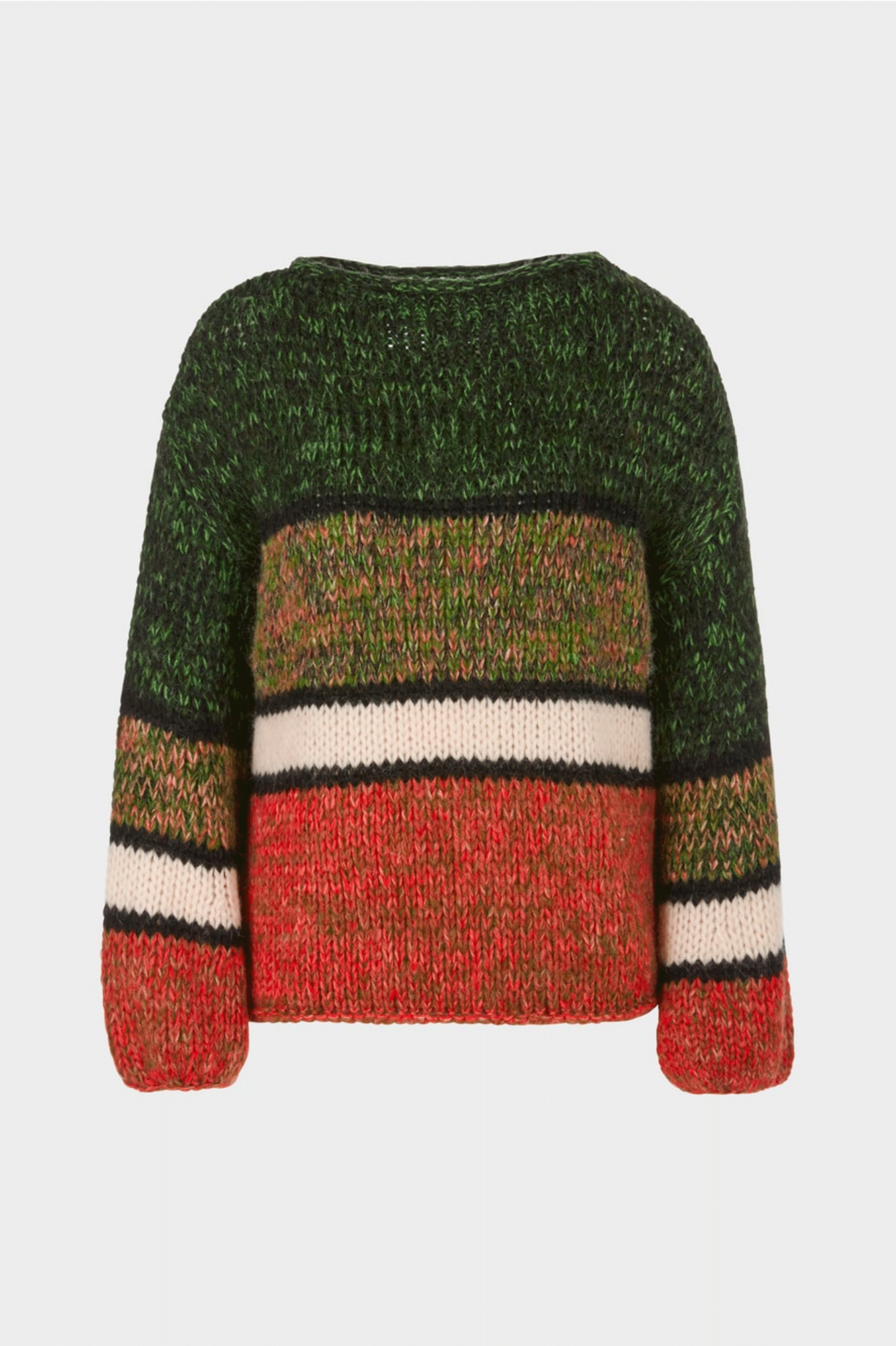 This Stripe Colorblock Sweater from Marc Cain is crafted from a wool-based blend, making it light and soft. It features an oversized cut, with blouse-like sleeves and raw edges. The colorblocking of mêlée and (non-)colors gives the piece a modern, unique look.