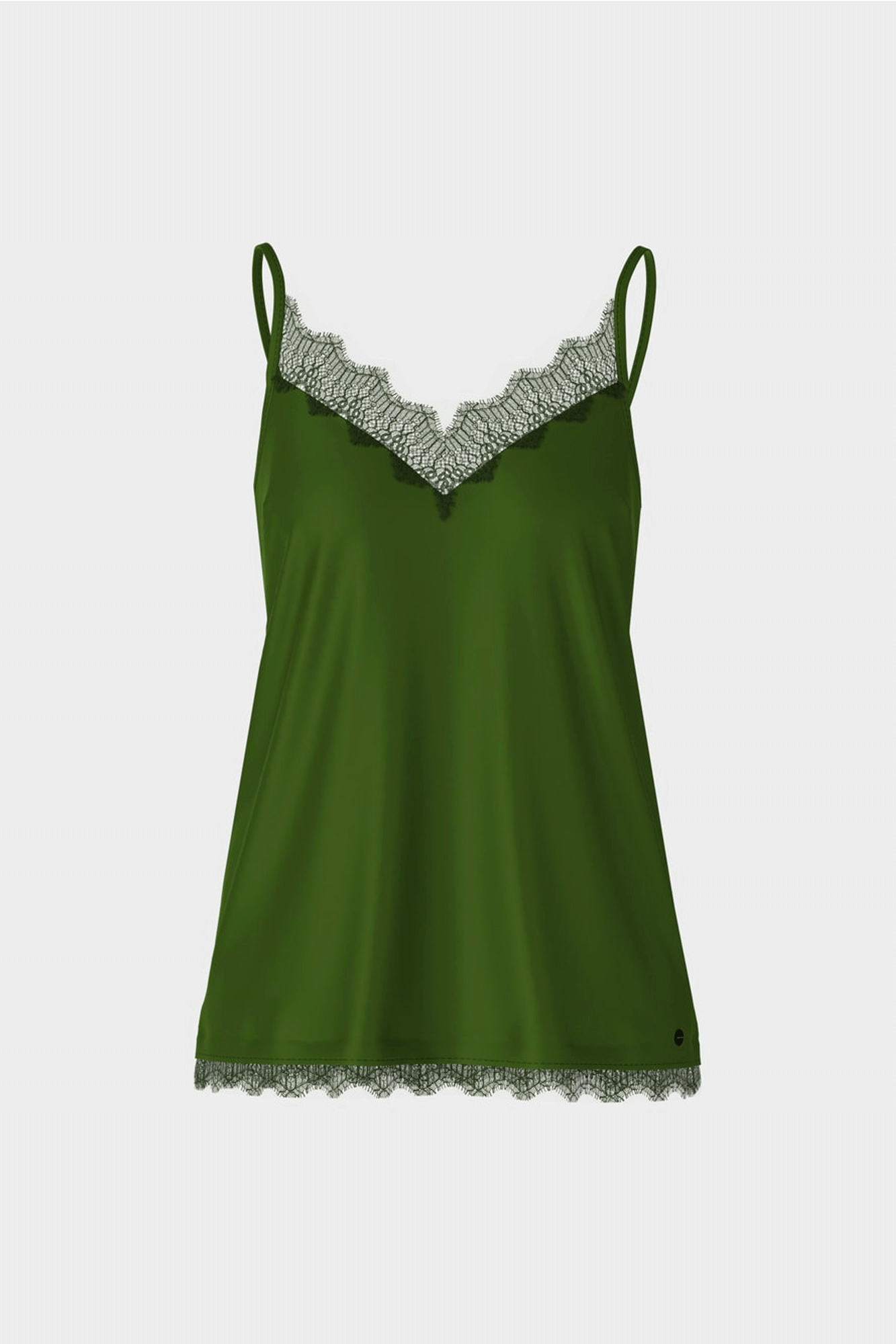 The Night Train Lace Camisole from Marc Cain is made of a soft, flowing silk material with adjustable straps and delicate lace trims along the neckline and hem. Its bust darts provide a straight silhouette and ultimate comfort. An ideal evening top.