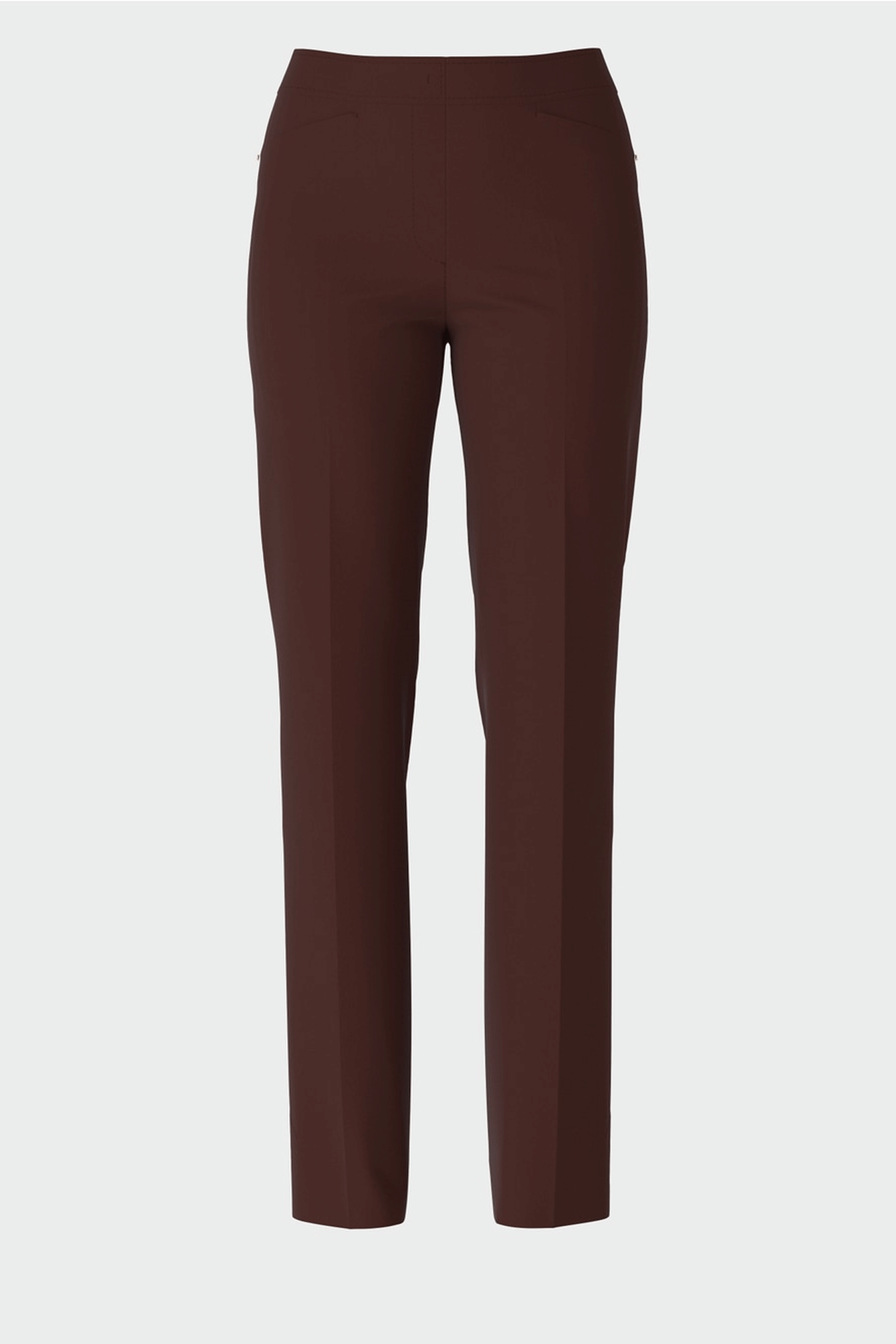 The Straight Leg Pant from Marc Cain is a perfect mix of comfort and style. Crafted from a soft fabric blend, the trousers feature a stitched crease and side pockets for convenience. Decorative pockets at the back add a classic touch, and are fastened with a zip and hook. Enjoy effortless style with these stretchy, feminine FENDOU pants.
