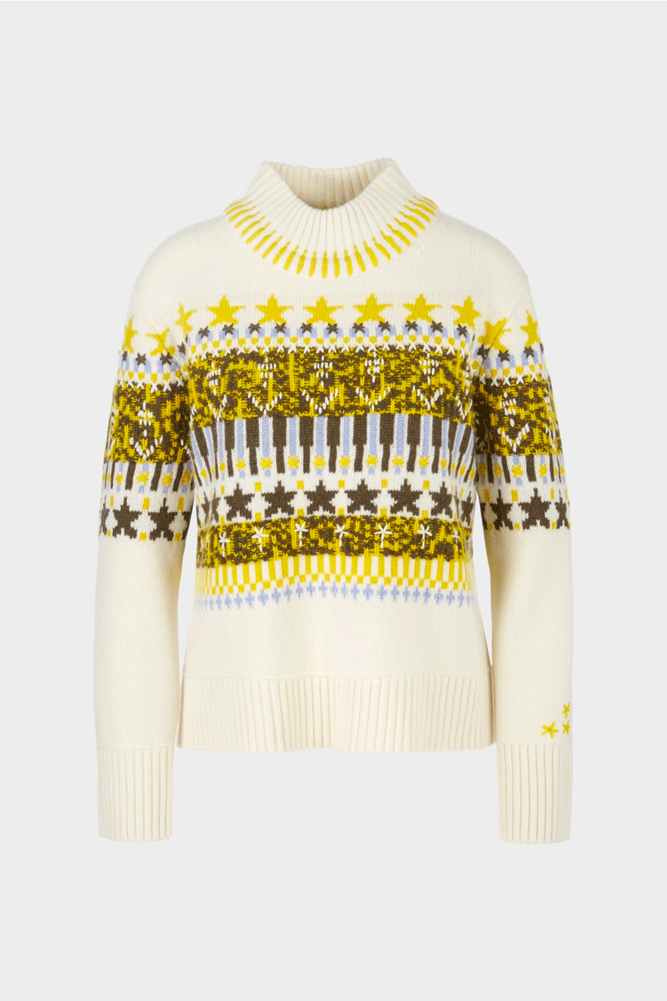 This Snaky Stars Sweater from Marc Cain is crafted with sophistication and care, featuring stars embroidered and knitted into the pattern. Its relaxed fit is highlighted by wide ribbed cuffs, while the two-tone round neckline adds a lovely touch. The wool and cashmere fabric blend from the sustainability label "Rethink Together" ensures warmth and soft comfort.