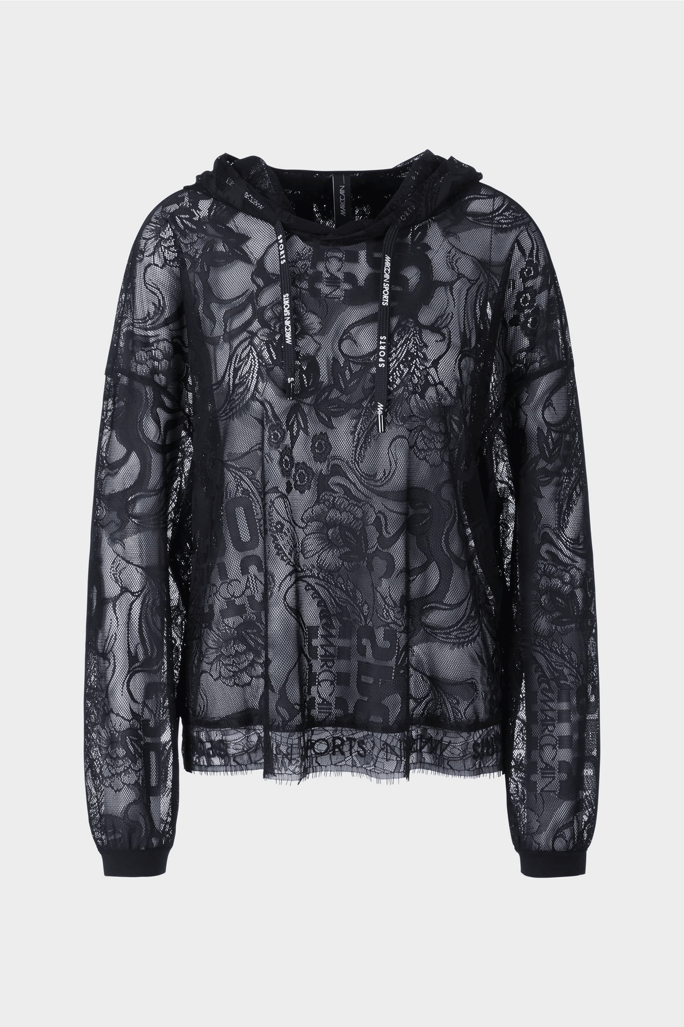 Crafted with premium tulle lace, this Lace Sweatshirt from Marc Cain features intricate motif inspired by mystical tattoos. The hem is graced with a delicate lace border and the signature Marc Cain lettering, while the sleeves are fastened with a ribbed cuff for a secure fit. Perfect for a fashionable and sophisticated look.