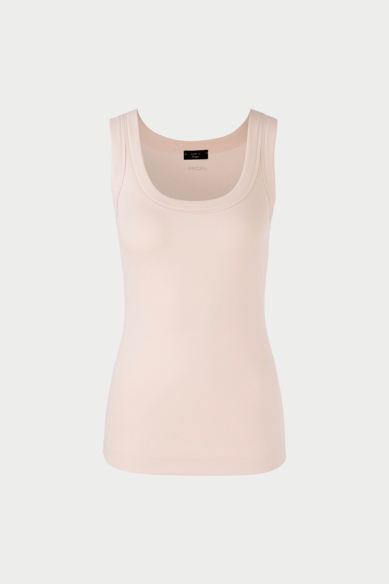 This Sleeveless Top from Marc Cain is a stylish and comfortable addition to any wardrobe. It's made from a flexible ribbed cotton fabric, with a slim fit and jersey shape. The deep, wide round neckline is framed with a striking wide edging, adding a unique style to the piece.