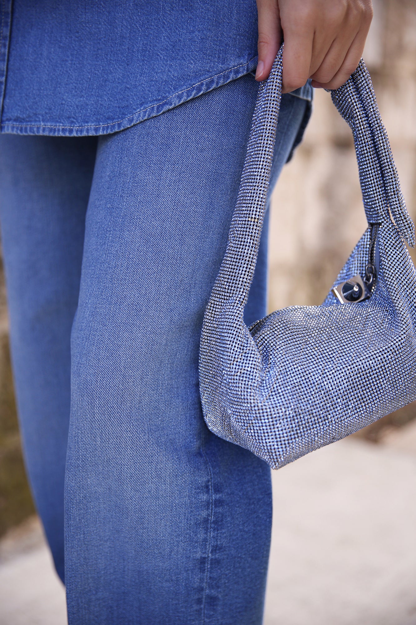 Waverly Rhinestone Mesh Mini Hobo Blue