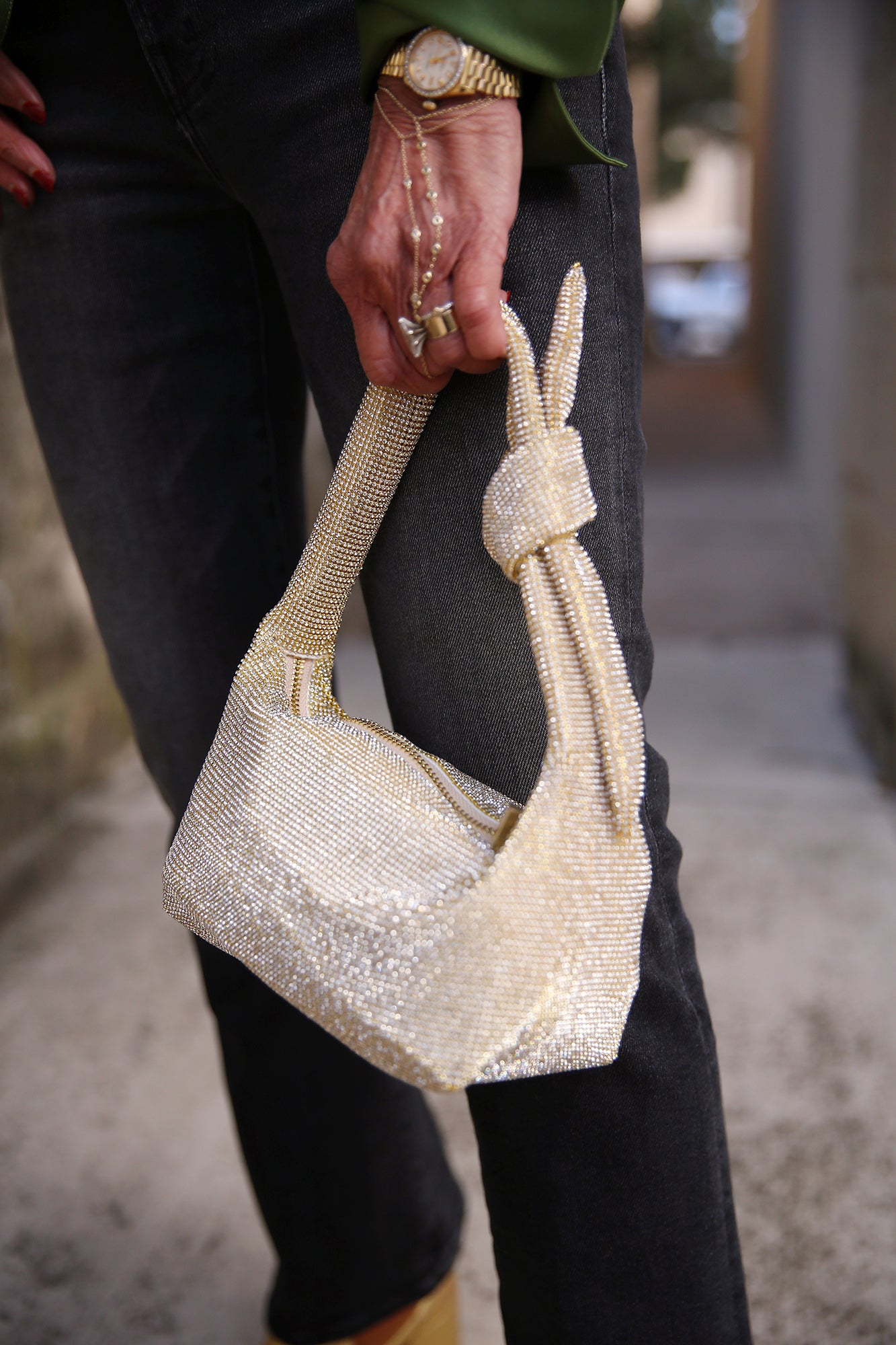 Waverly Rhinestone Mesh Mini Hobo Champagne