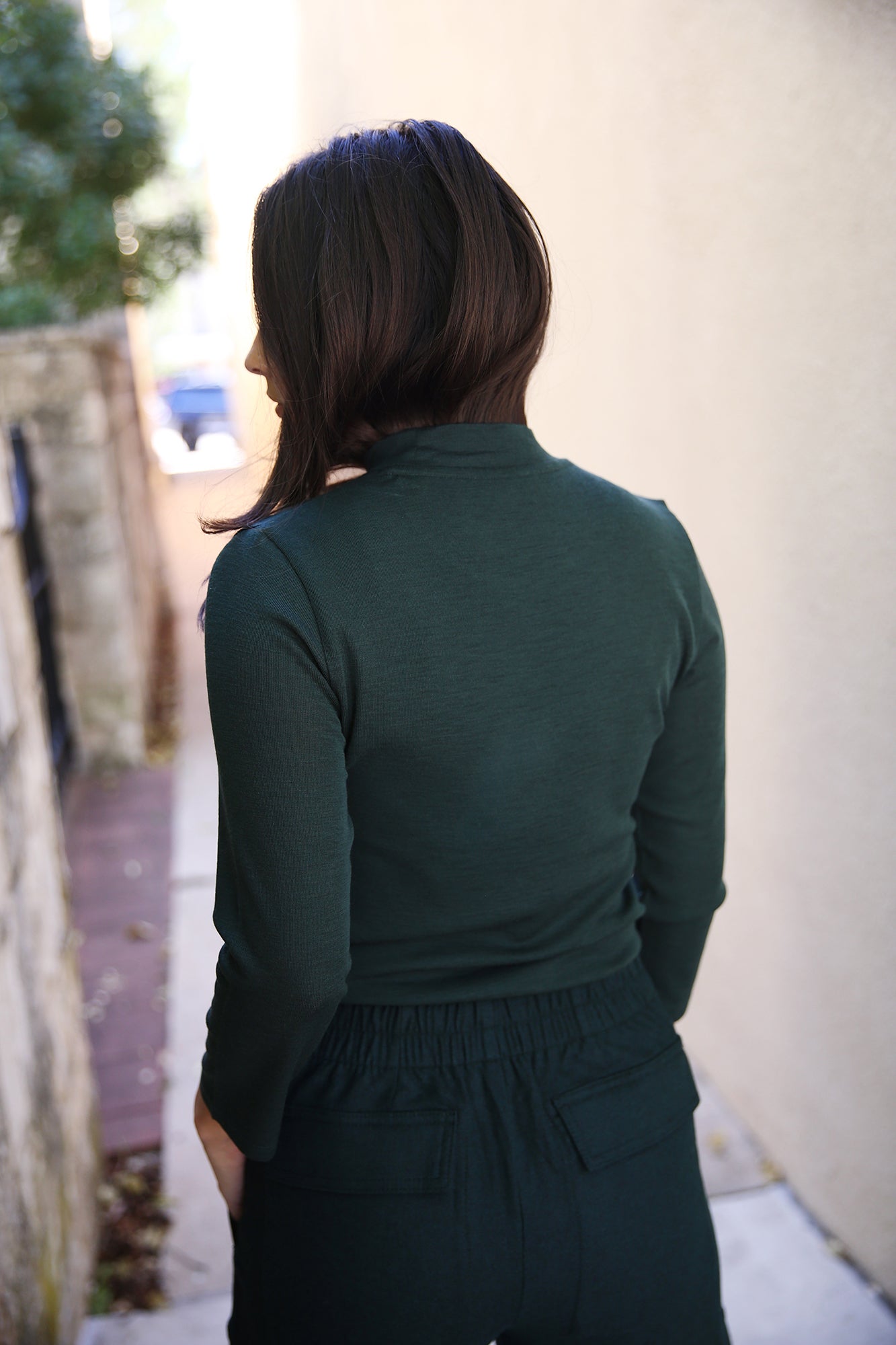 Wool Three-Quarter-Sleeve Mock-Neck Top Marine Pine