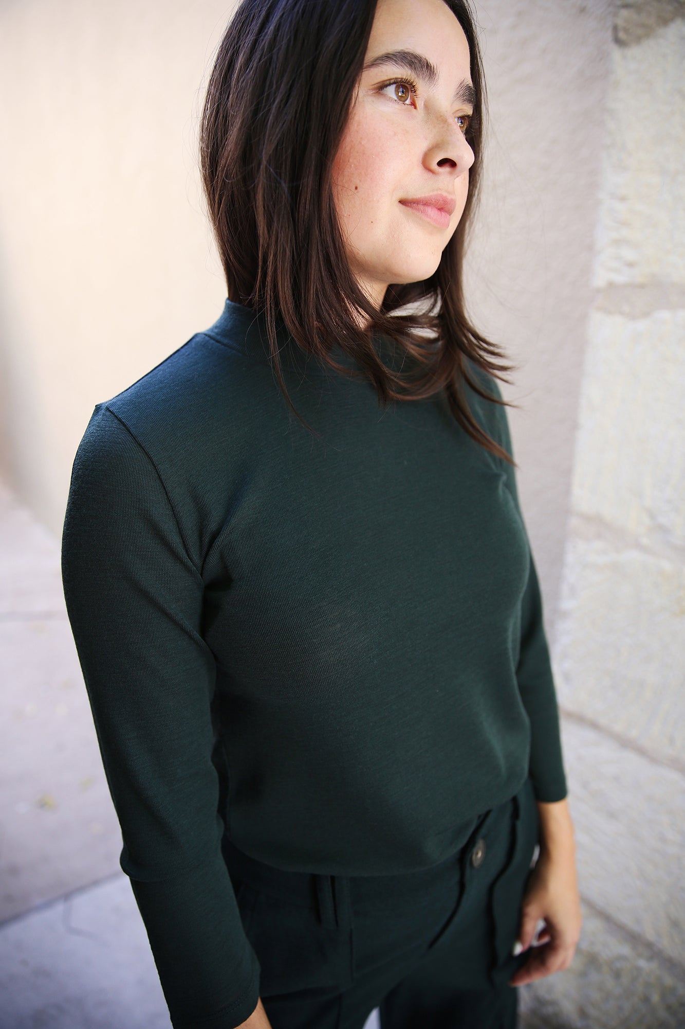 Wool Three-Quarter-Sleeve Mock-Neck Top Marine Pine