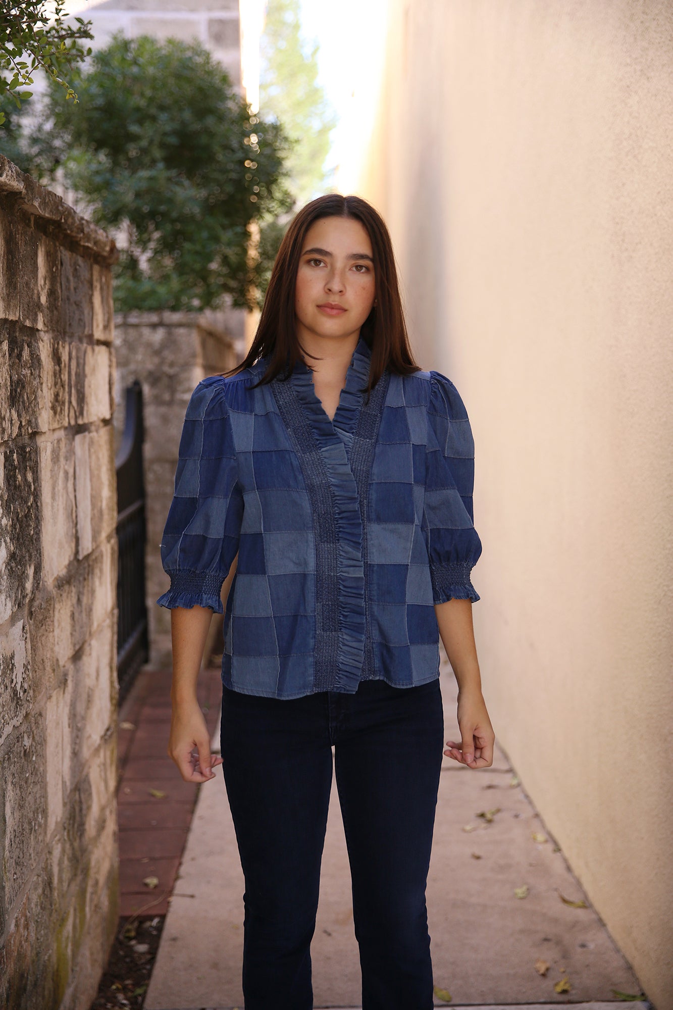 Zuri Top Short Sleeve Patchwork Denim