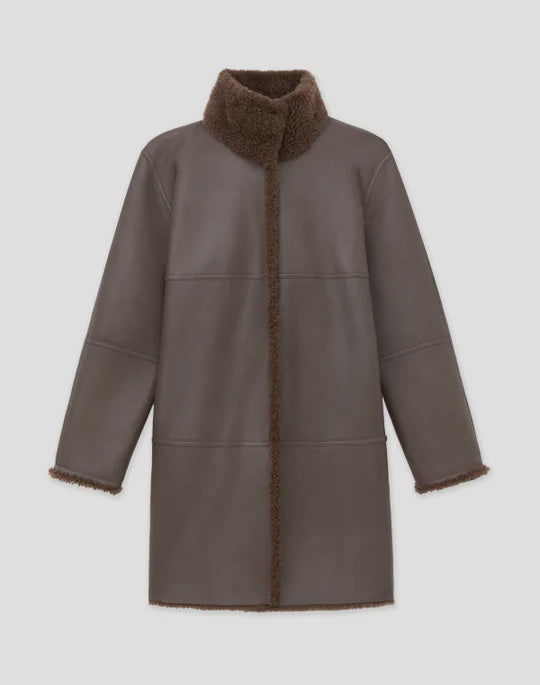 Shearling Reversible Funnel Collar Coat Wood