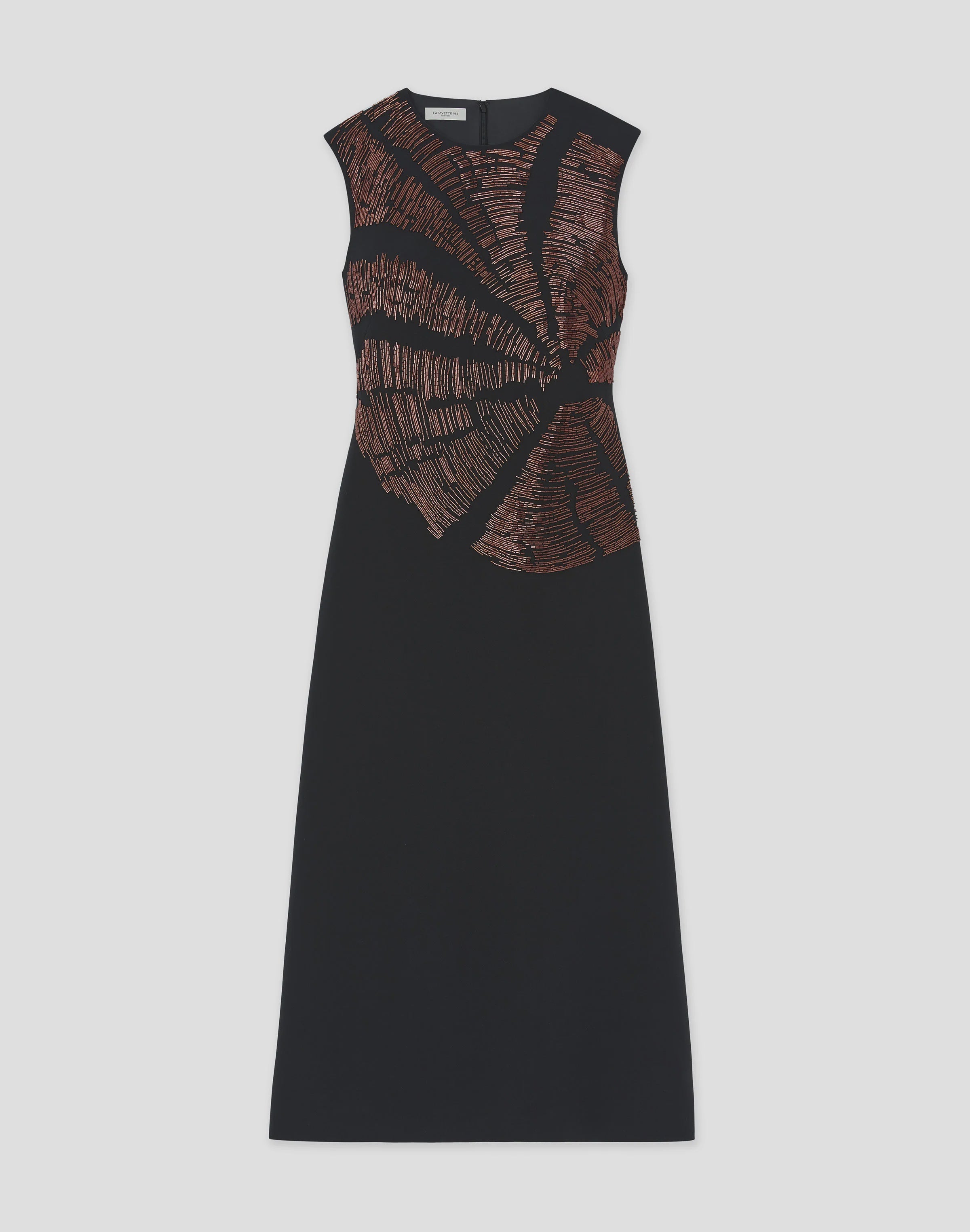 Hand-Beaded Wool-Silk Crepe Cap Sleeve Dress Black