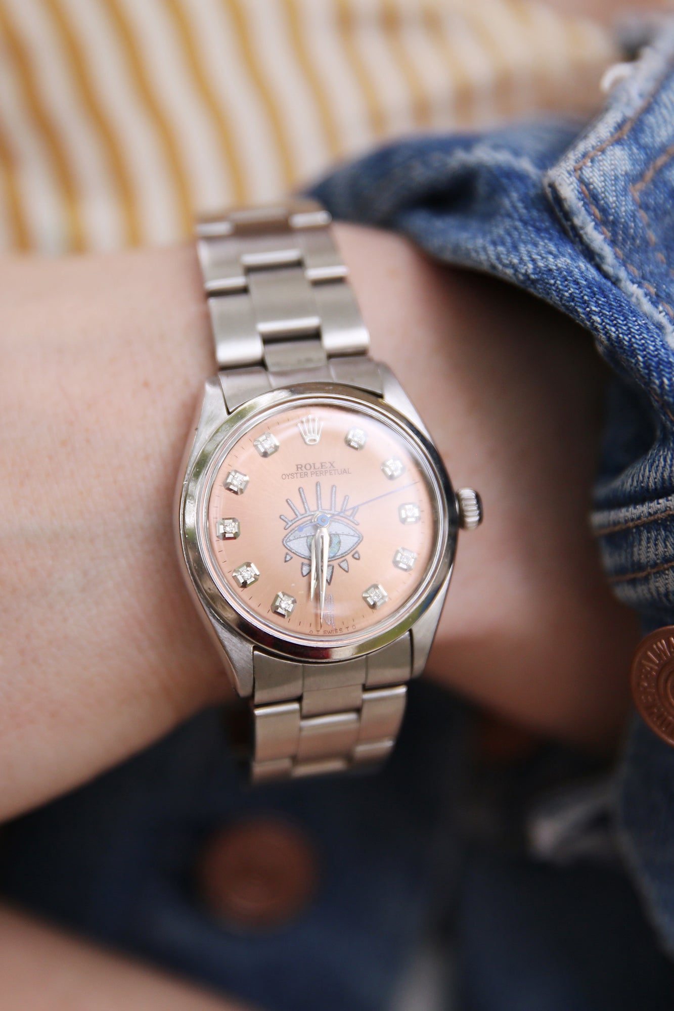 JA Rolex Vintage Watch w/10 Round Dia Pink Face Gigi Eye