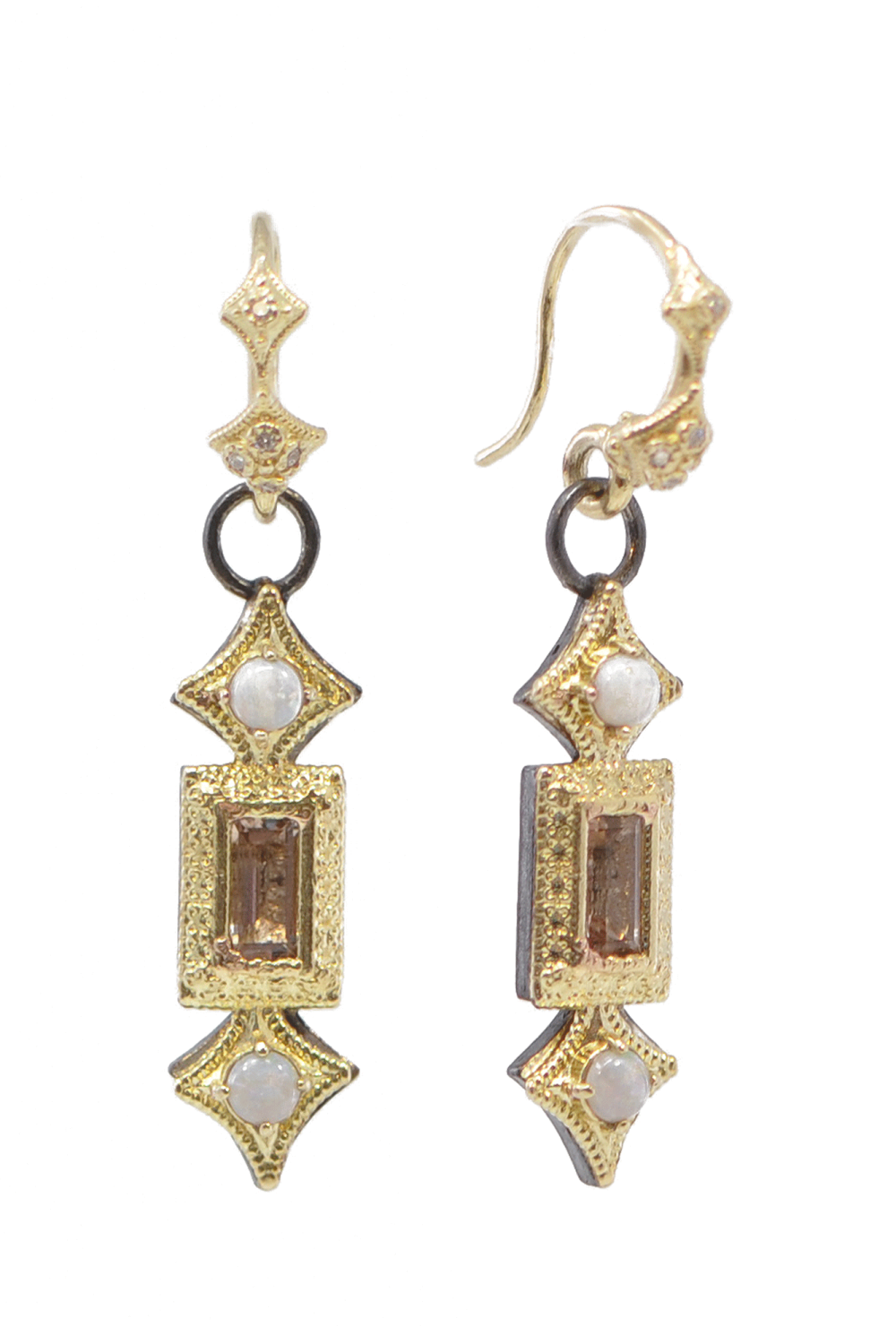 These unique 18K yellow gold gray sterling silver hook drop earrings from Armenta make a beautiful statement. 