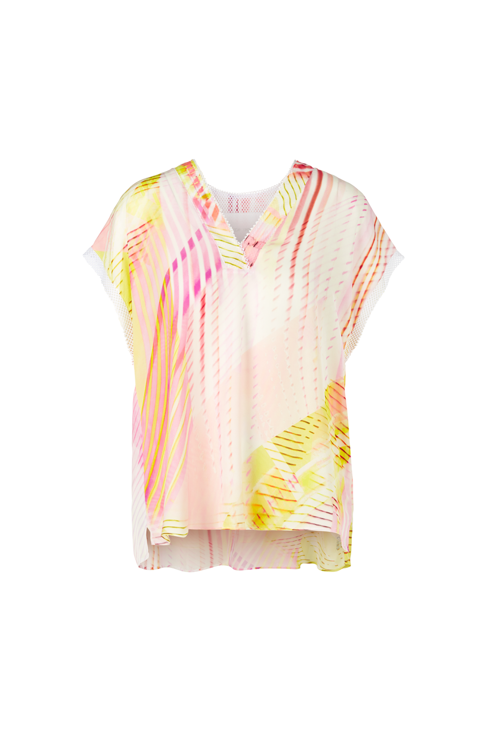 This vibrant blouse from Marc Cain is a must-have this season. Cut from a lightweight viscose fabric with statement mesh details, the asymmetric design includes a plunging V-neck and side slits on the hem to create a relaxed and comfortable fit. Perfect for summer days.
