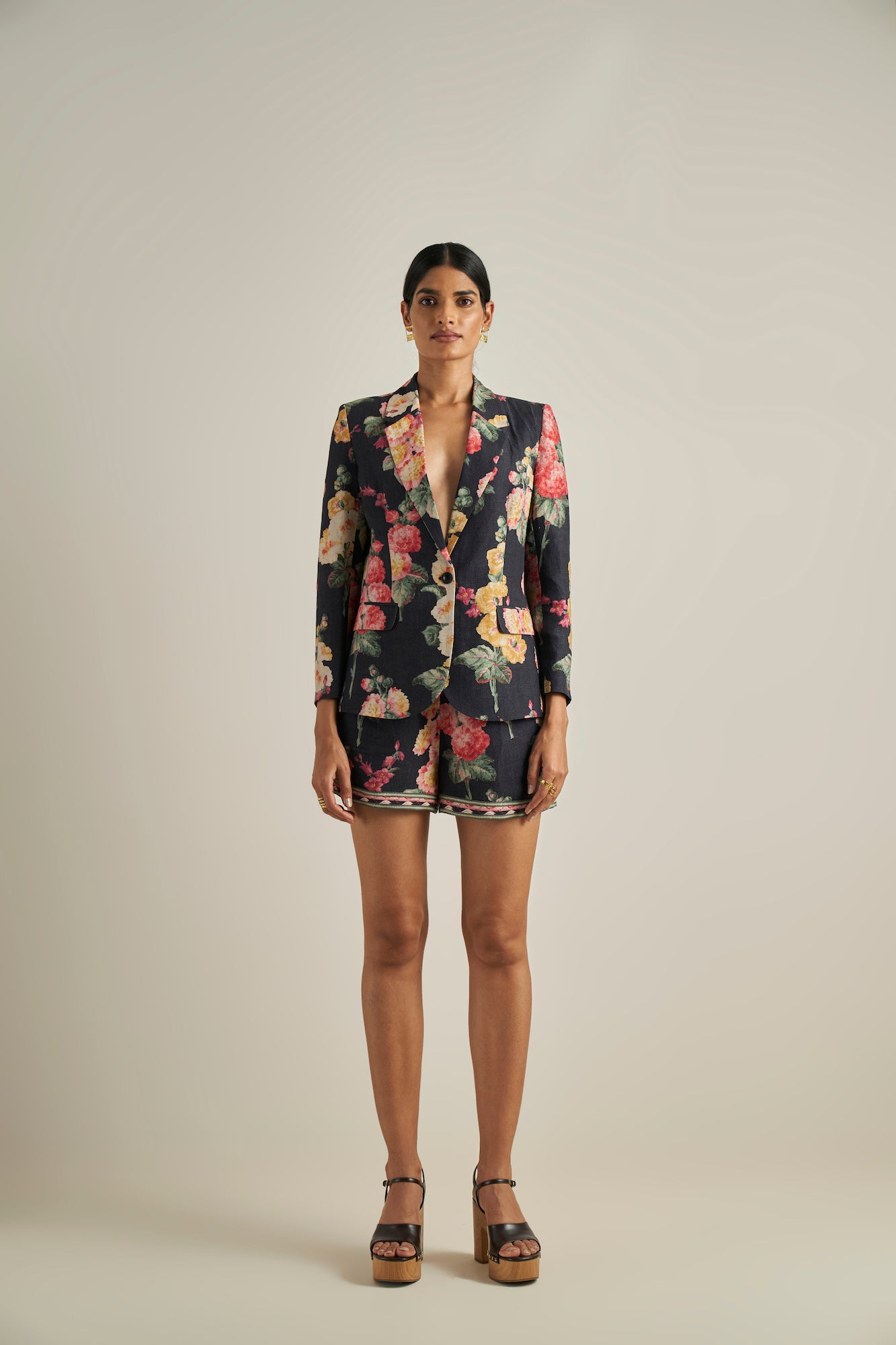 The Estelle Shorts from designer Ranna Gill are a beautiful floral print on black. They have a decorative detailed lining near the hem. Pair with the Janis shirt to complete the set. 