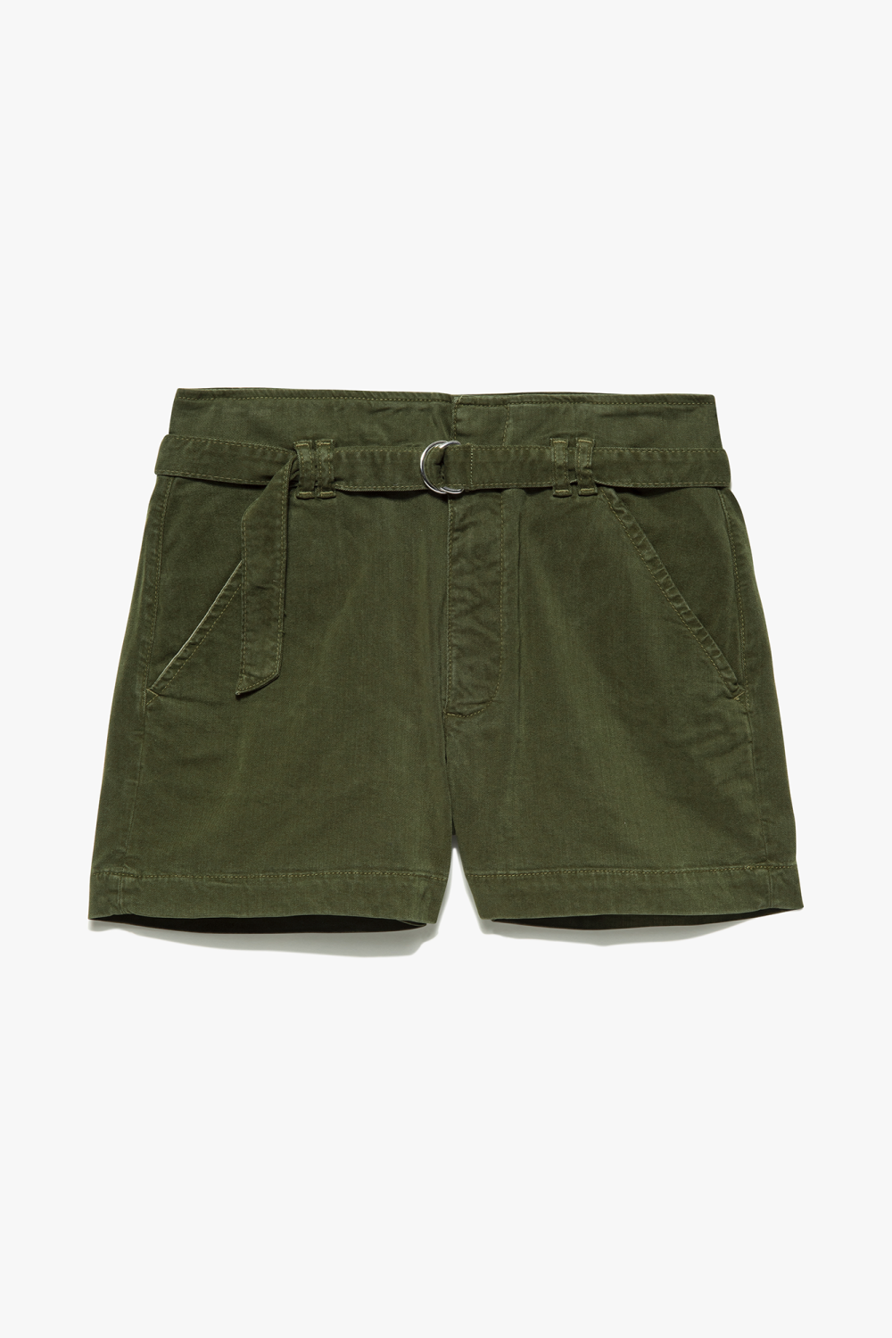 Frame's Cinched high-rise shorts showcase a classic structured design. Decorated with a tonal D-buckle belt these shorts feature side slit pockets, back pockets, zip fly with button, belt loops, side slit pockets.