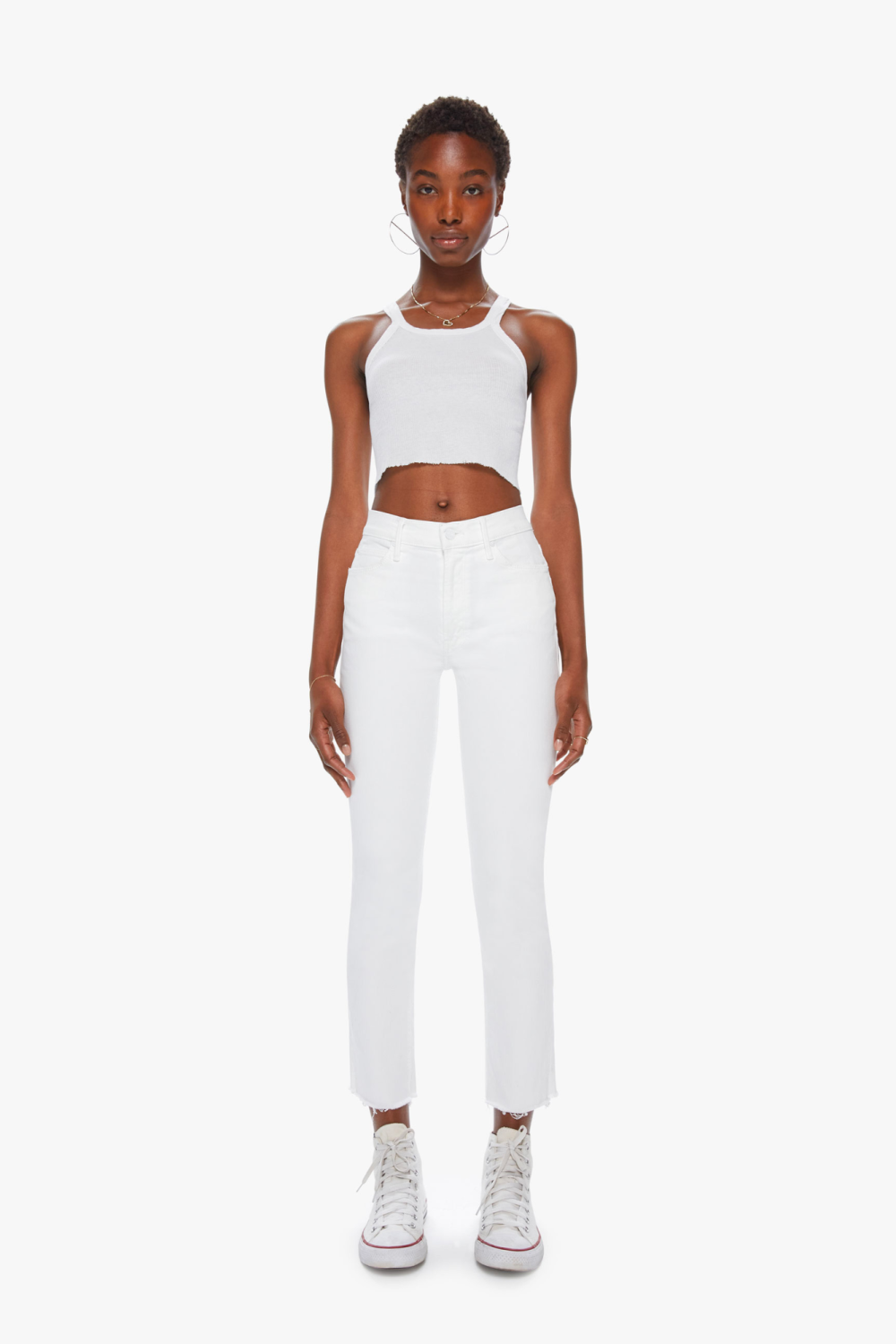 Mid Rise Dazzler Ankle Fray Pants from Mother Denim  in white made in Los Angeles