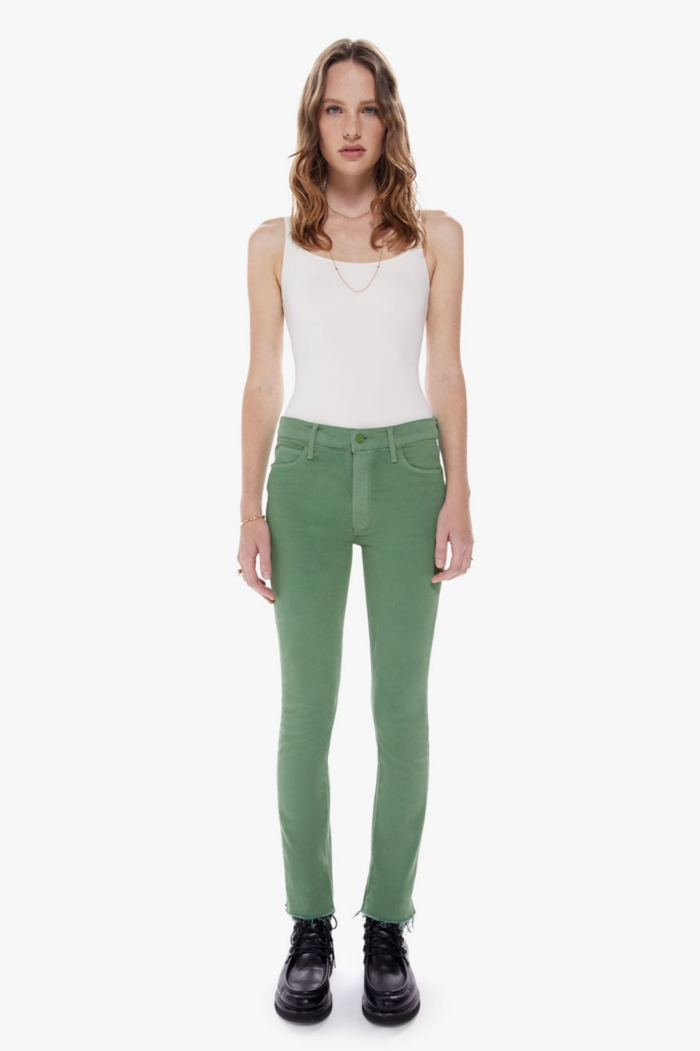 Mid Rise Dazzler Ankle Fray Pants from Mother Denim in green made in Los Angeles