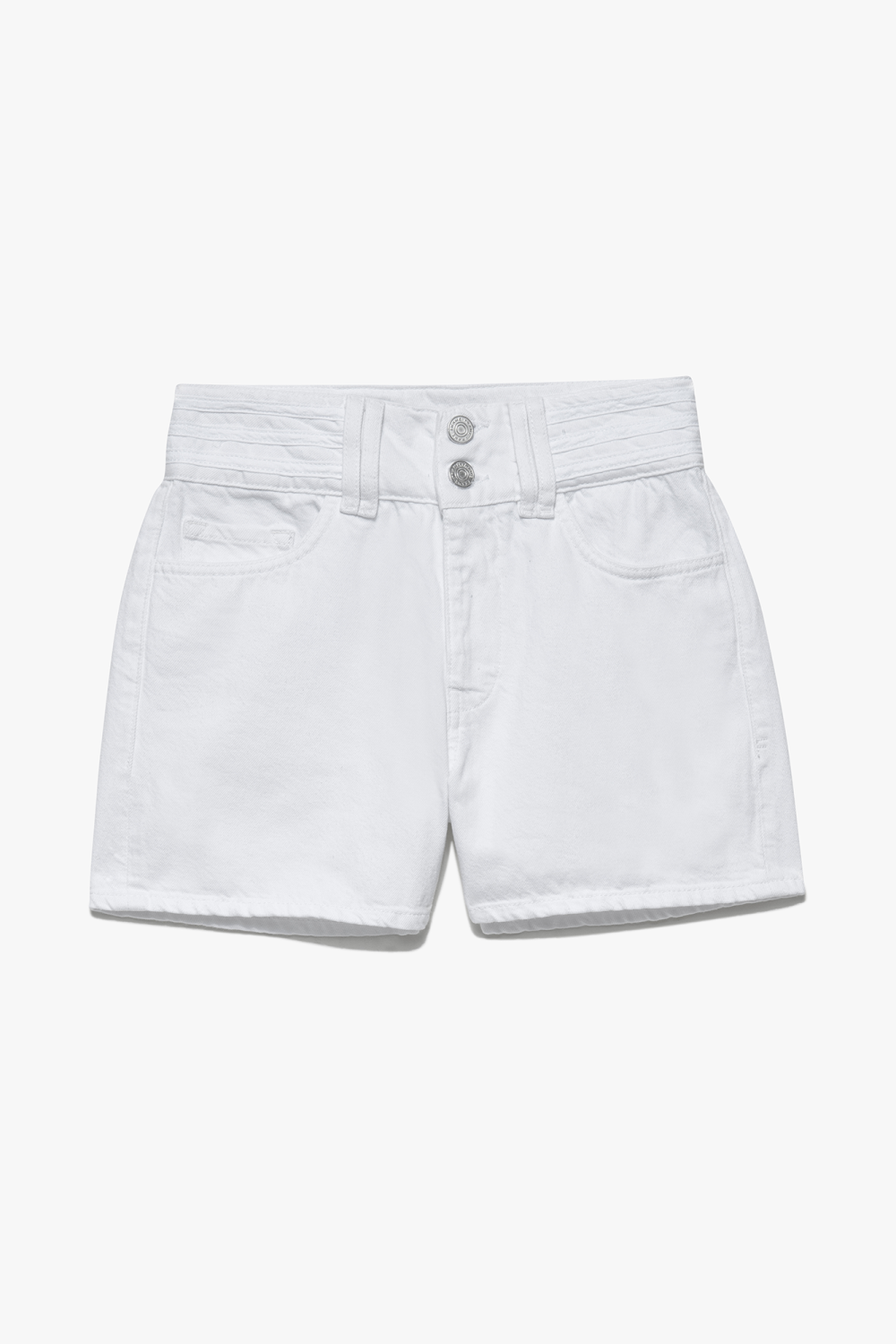 The Triple Binding Short from Frame is a high rise, white, five-pocket short with two front metal buttons, front pockets and belt loops. 